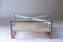 The Sling Coffee Table, Glass, Natural Leather, and White Oak