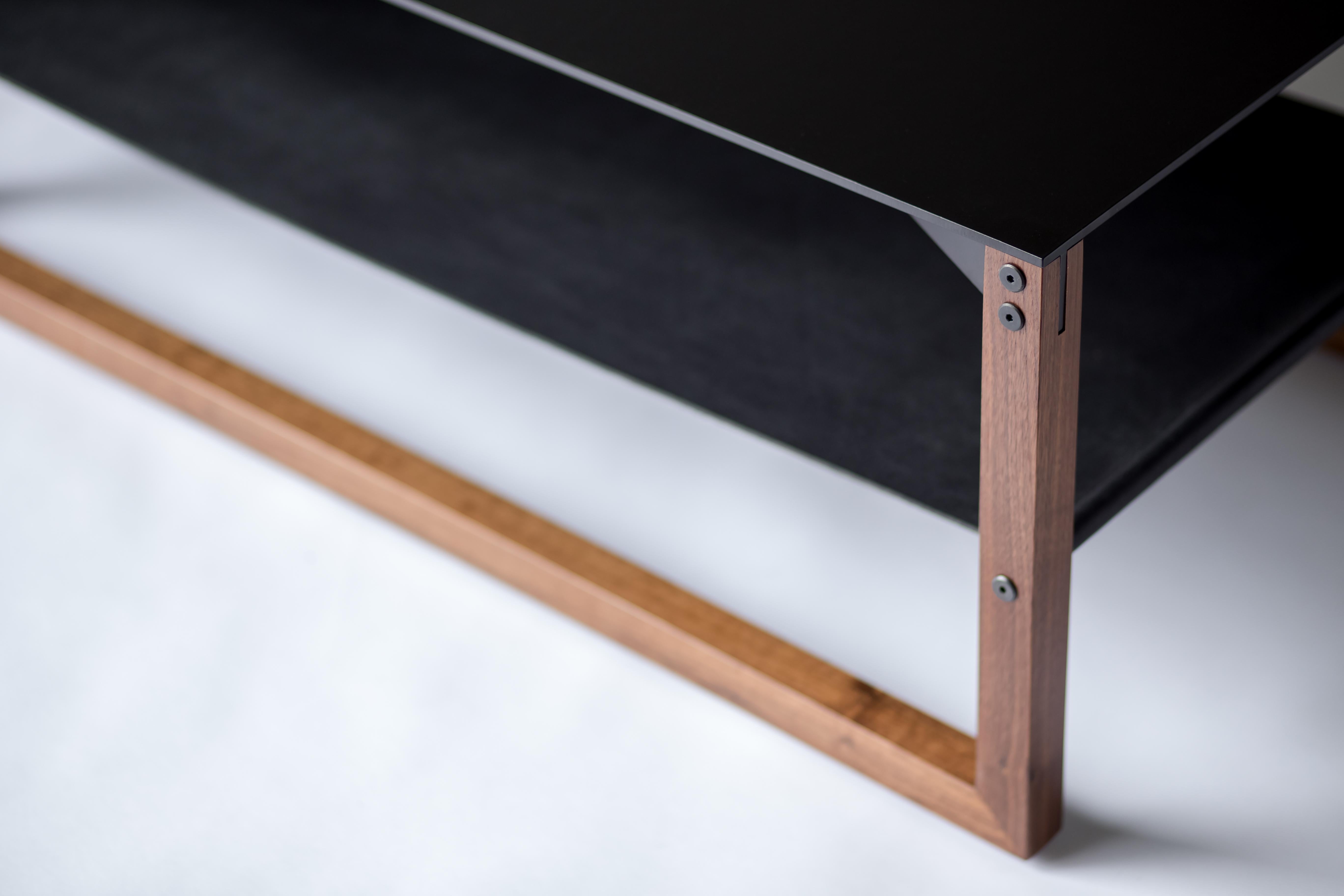 Minimalist The Sling, Modern Aluminum, Leather and Walnut Coffee Table For Sale