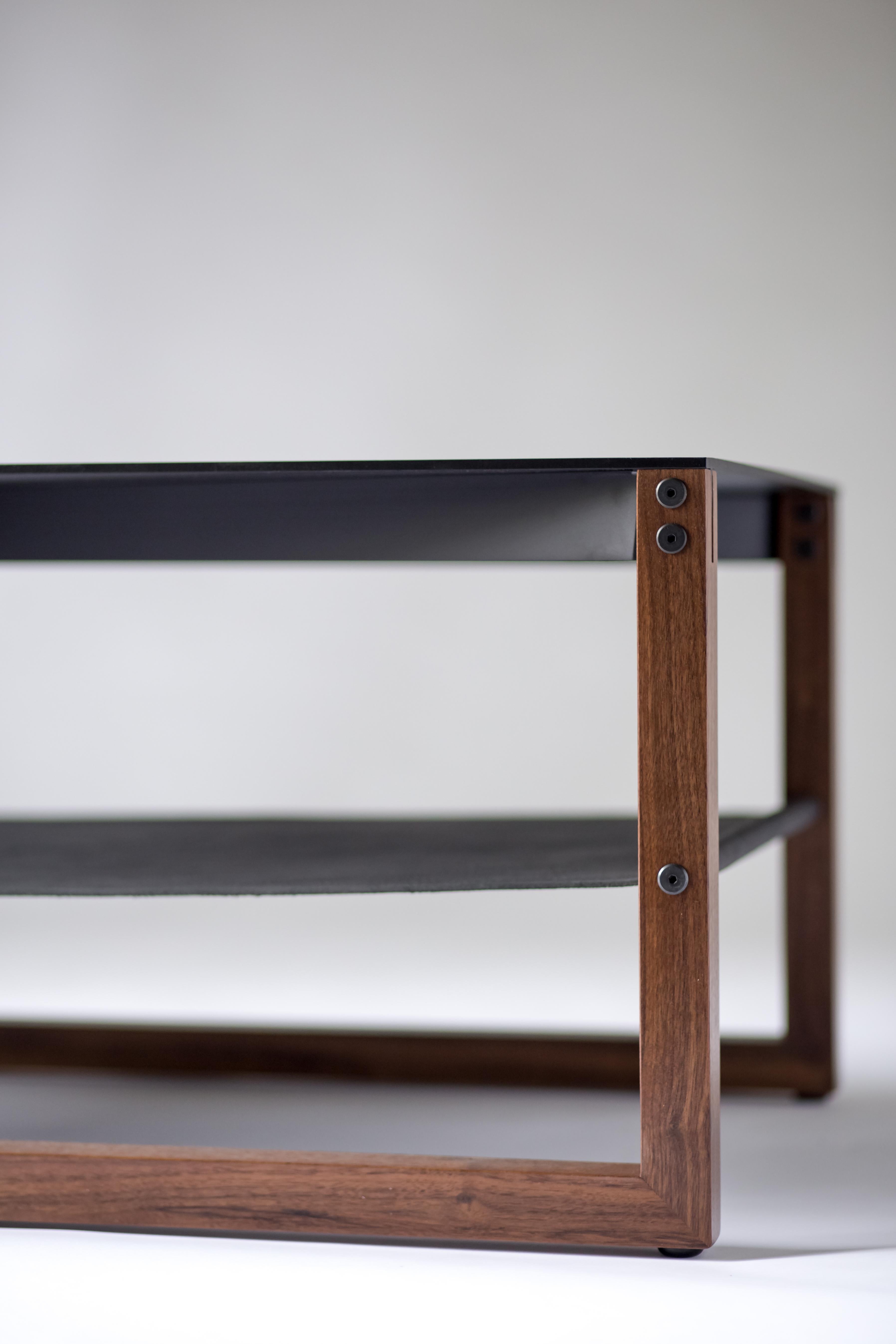 American The Sling, Modern Aluminum, Leather and Walnut Coffee Table For Sale