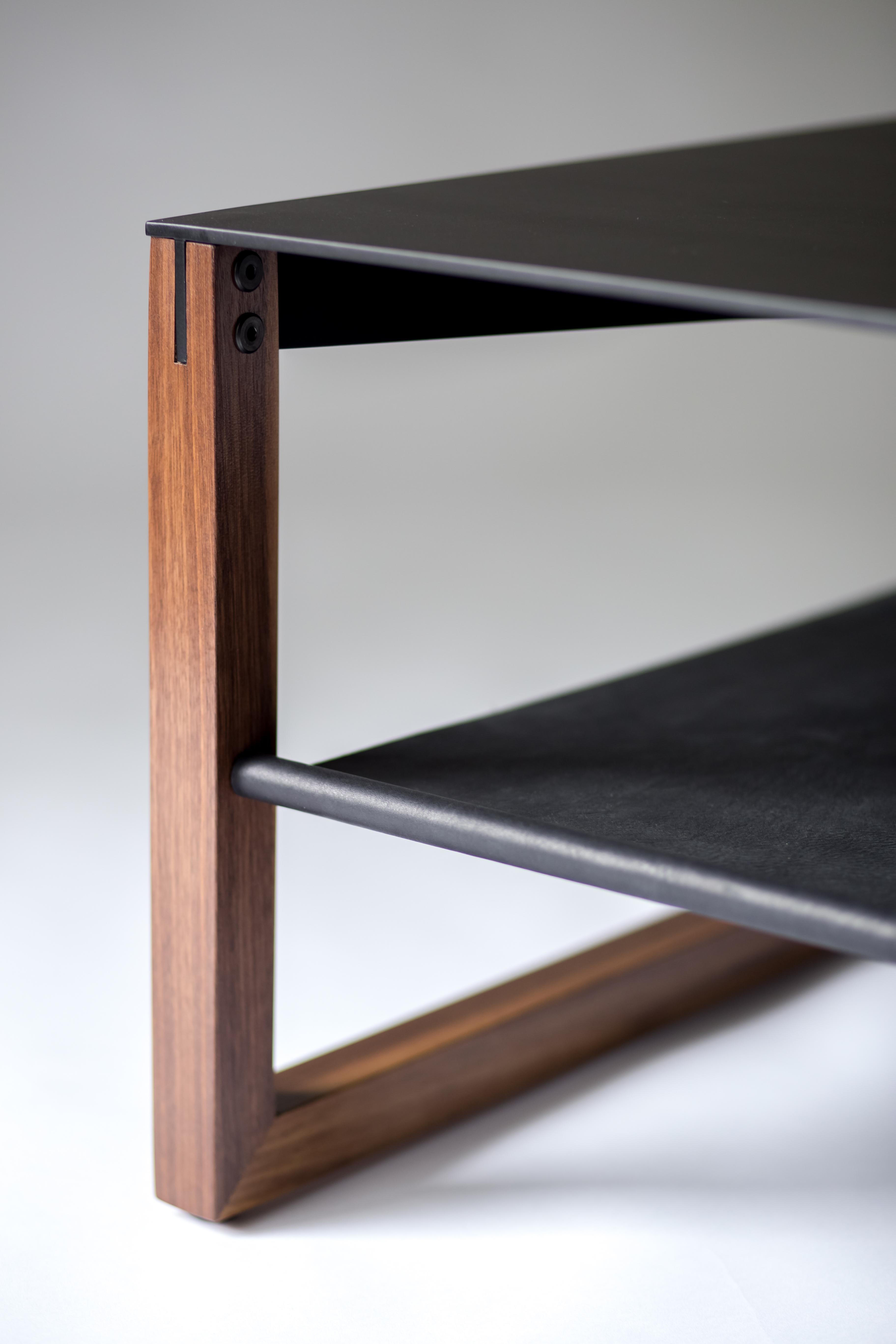 Powder-Coated The Sling, Modern Aluminum, Leather and Walnut Coffee Table For Sale