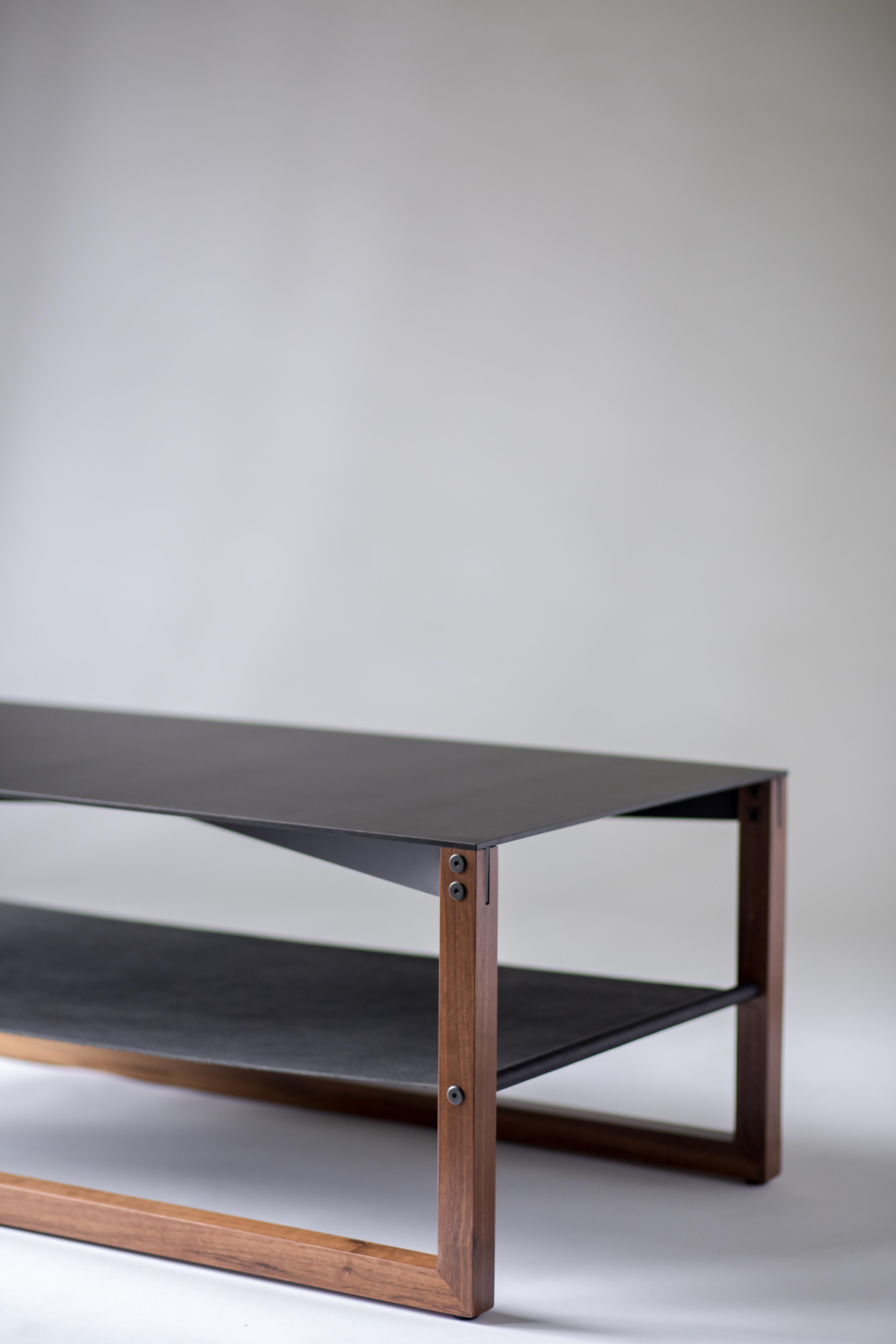 The Sling, Modern Aluminum, Leather and Walnut Coffee Table In New Condition For Sale In West Linn, OR