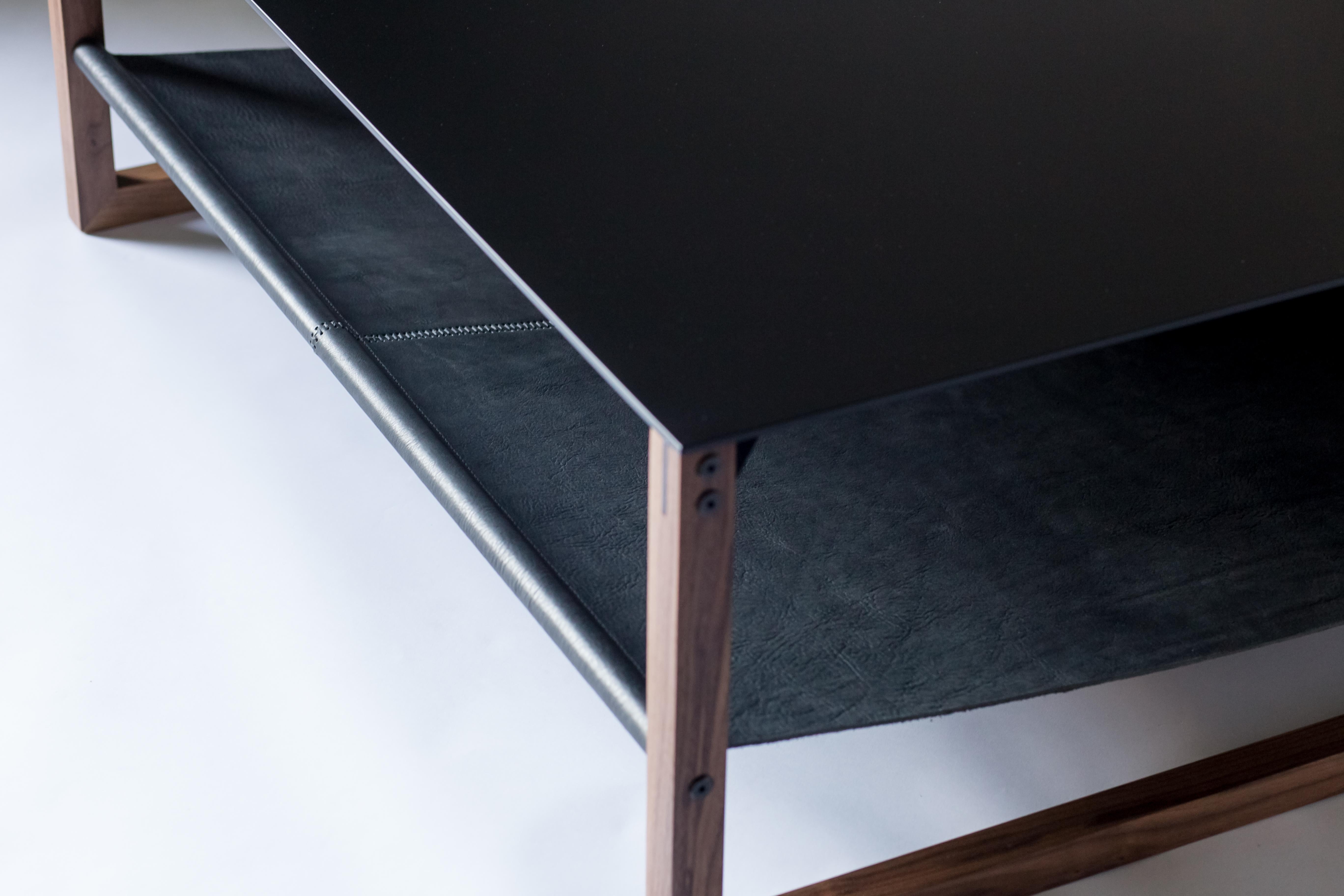 The Sling, Modern Aluminum, Leather and Walnut Square Coffee Table im Angebot 2