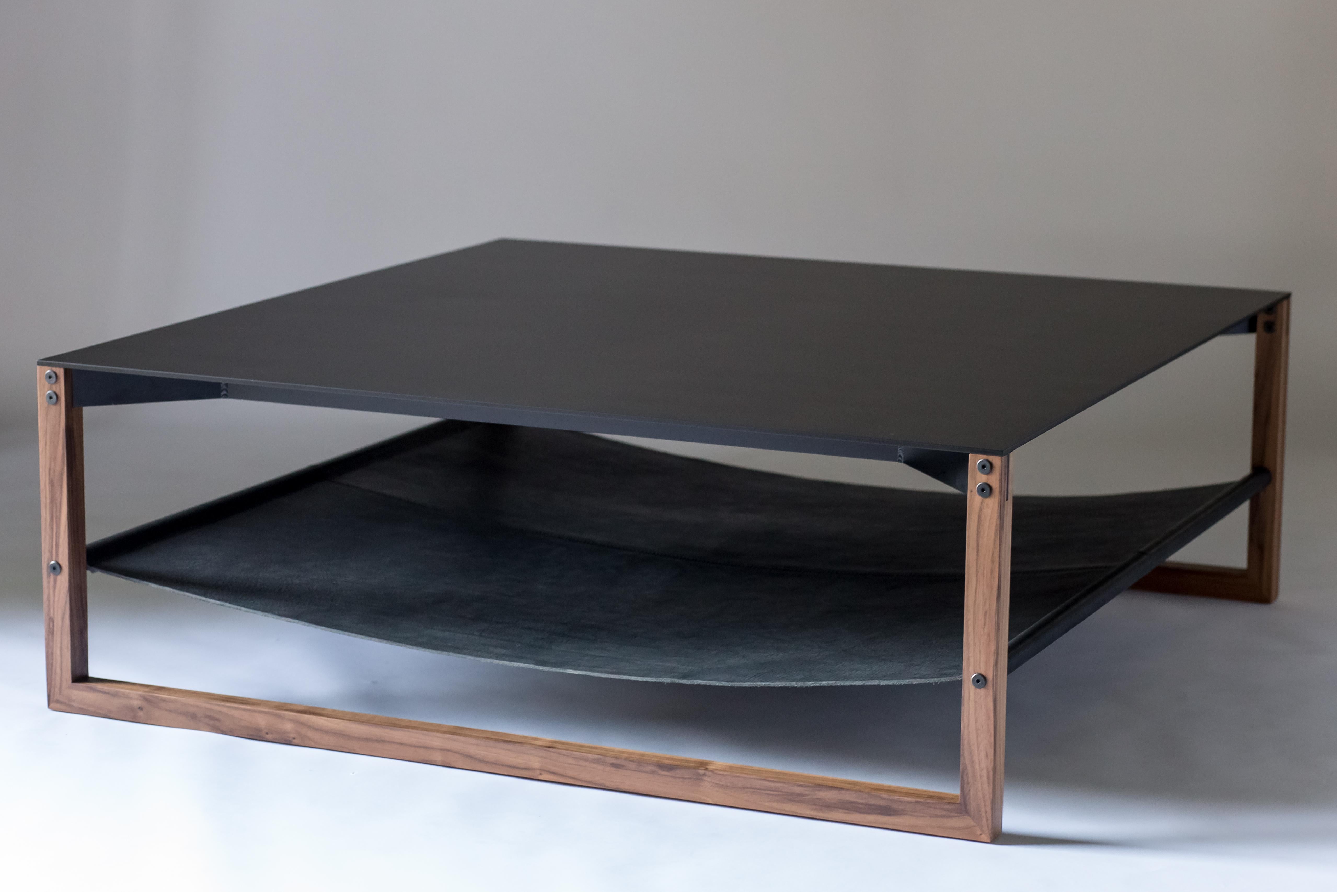 The Sling, Modern Aluminum, Leather and Walnut Square Coffee Table For Sale 3