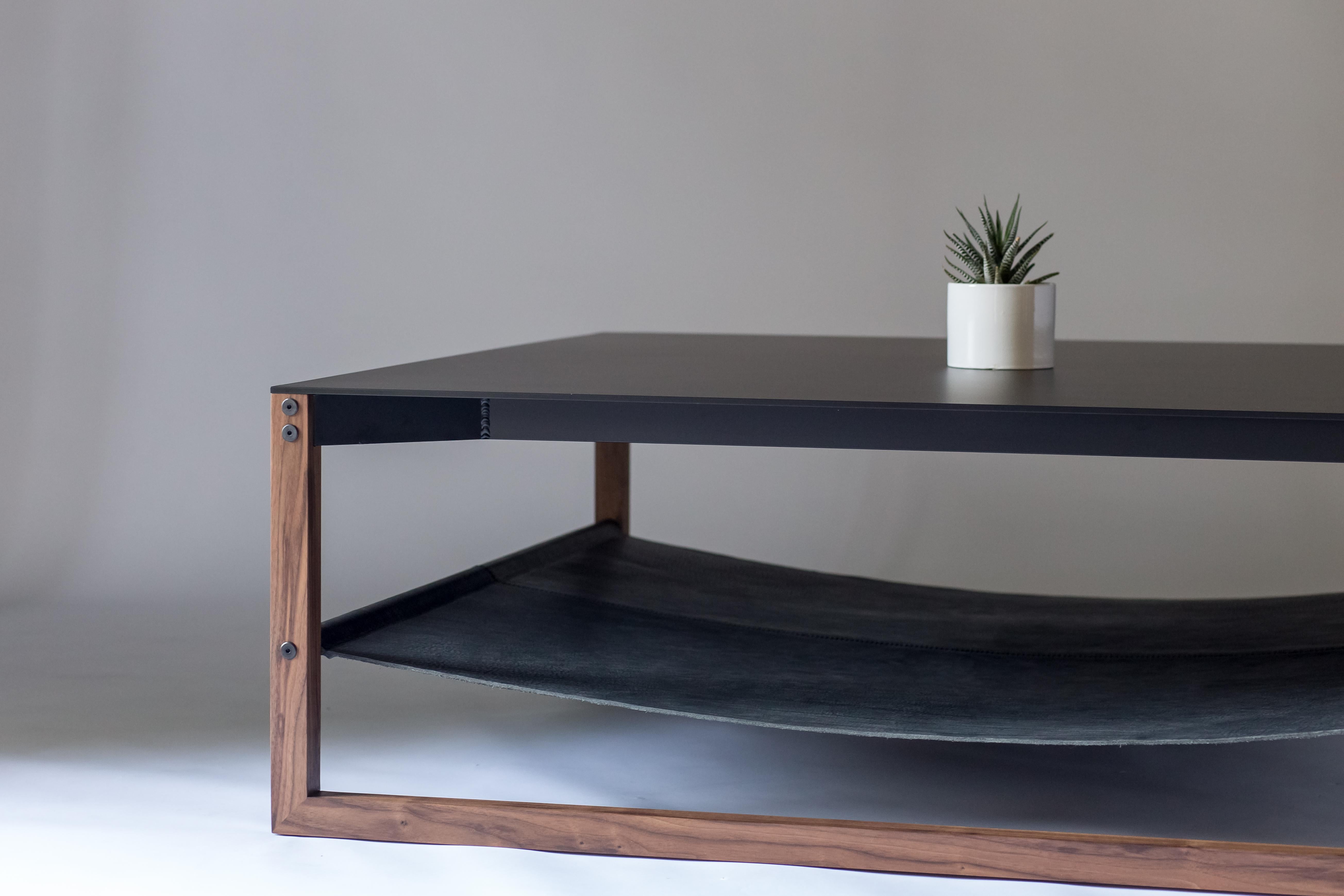 The Sling, Modern Aluminum, Leather and Walnut Square Coffee Table (amerikanisch) im Angebot