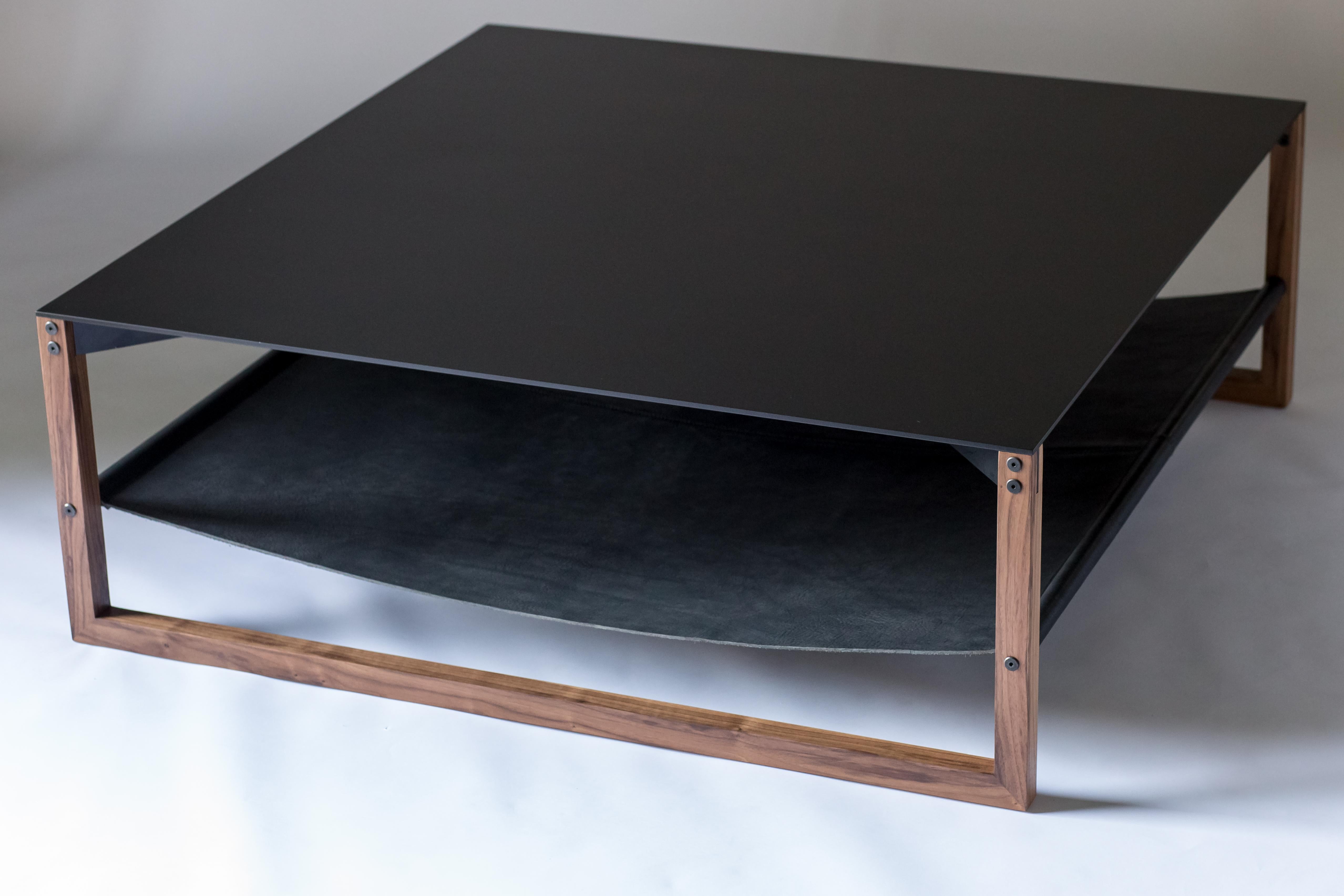 The Sling, Modern Aluminum, Leather and Walnut Square Coffee Table im Zustand „Neu“ im Angebot in West Linn, OR
