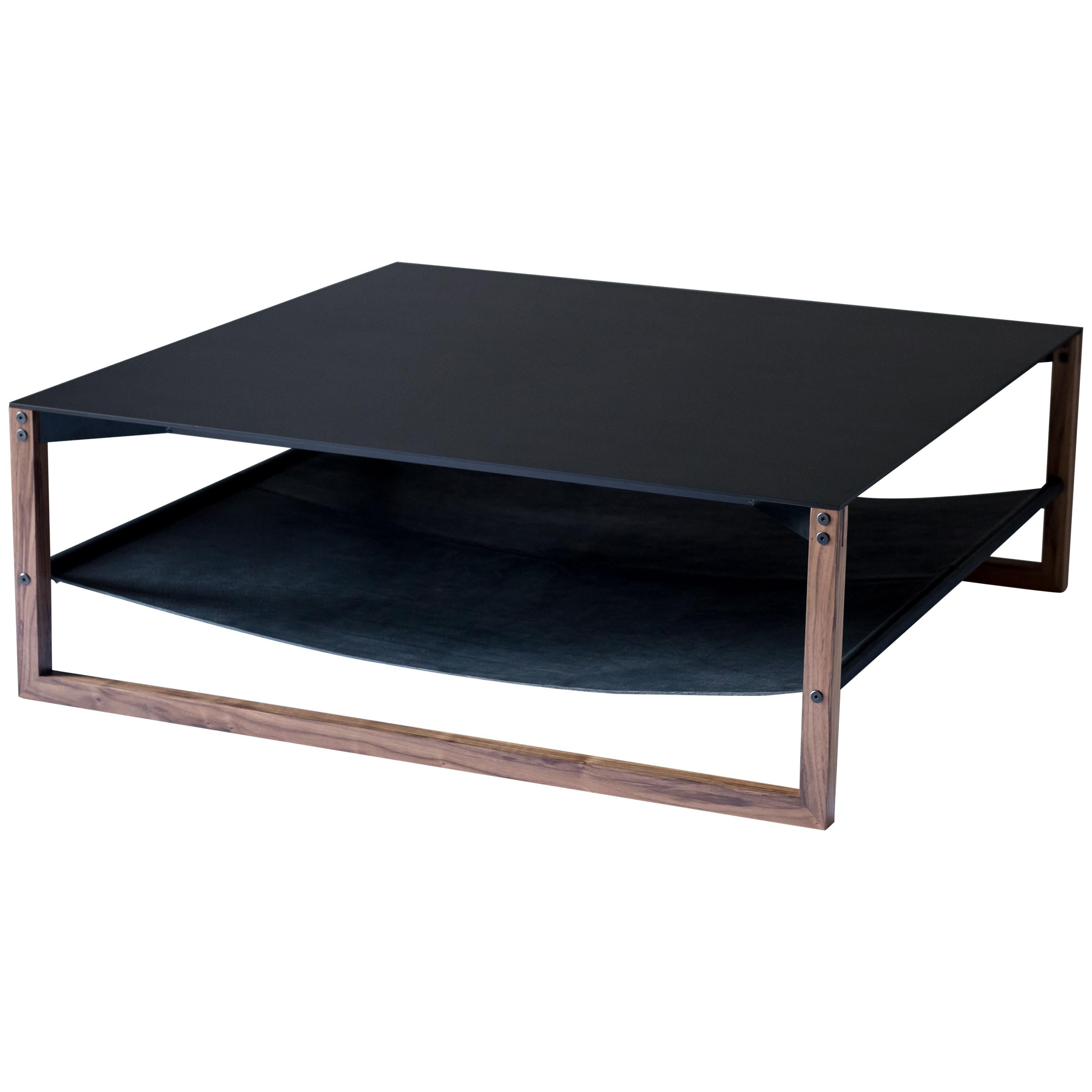 The Sling, Modern Aluminum, Leather and Walnut Square Coffee Table For Sale
