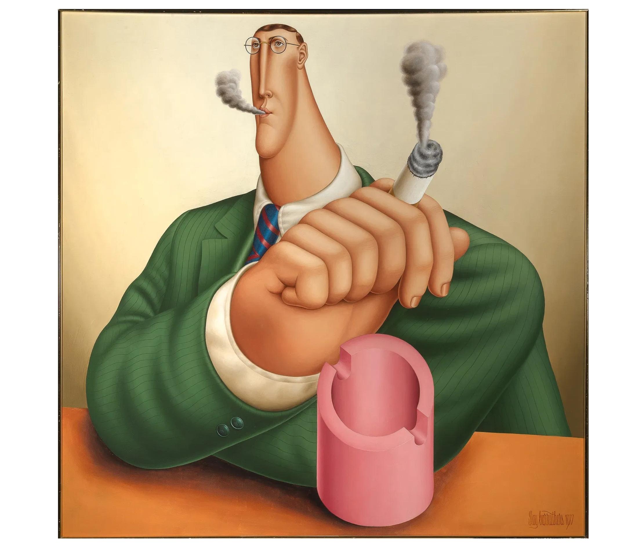 Questo imponente olio su tela di grandi dimensioni dell'artista sudafricano Roy Carruthers è una potente testimonianza della sua voce artistica e della sua maestria espressiva. Intitolato Smoker (1977), il dipinto esplode con colori vibranti e