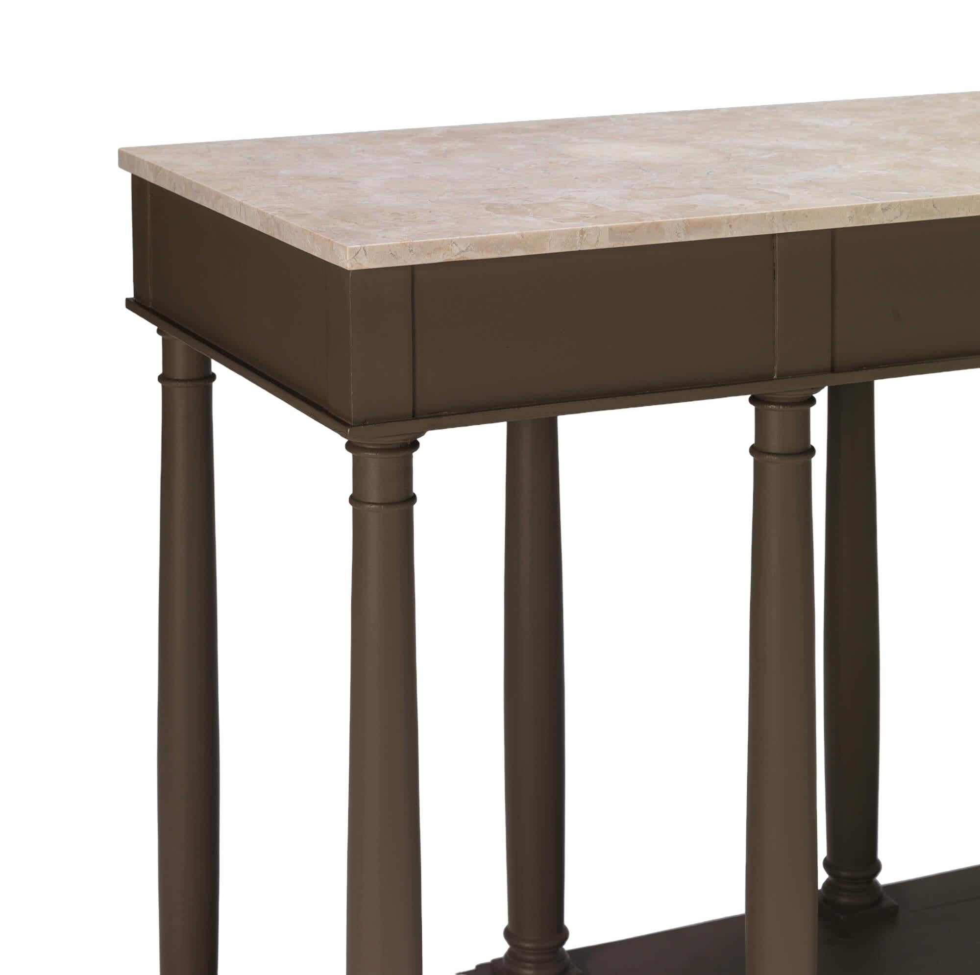 A Grand Tour inspired marble top console table, the marble top sits above a stepped frieze supported by eight finely turned tapering legs united with a platform base on turned bun design feet.