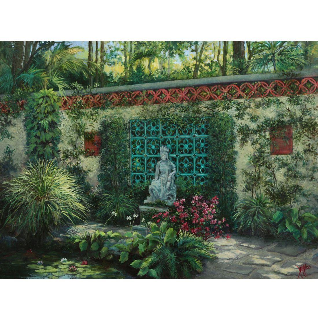 The Society of the 4 Arts Chinese Garden Framed Print by Evelyn Wallace captures the serene beauty of a traditional Chinese garden. The print is beautifully framed, showcasing intricate details of lush foliage, tranquil water features, and the