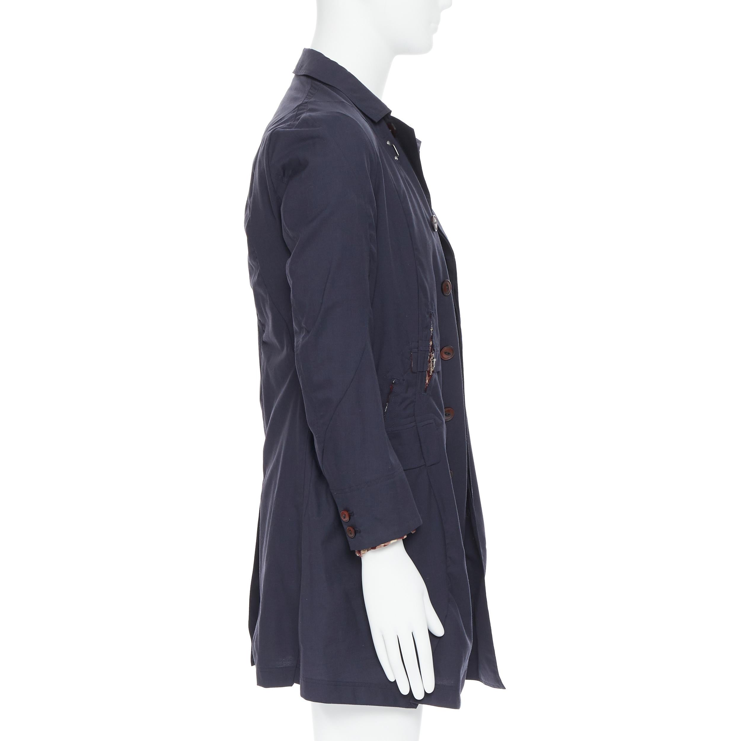 THE SOLOIST TAKAHIRO MIYASHITA navy cotton deconstructed curved seams coat S In Excellent Condition In Hong Kong, NT