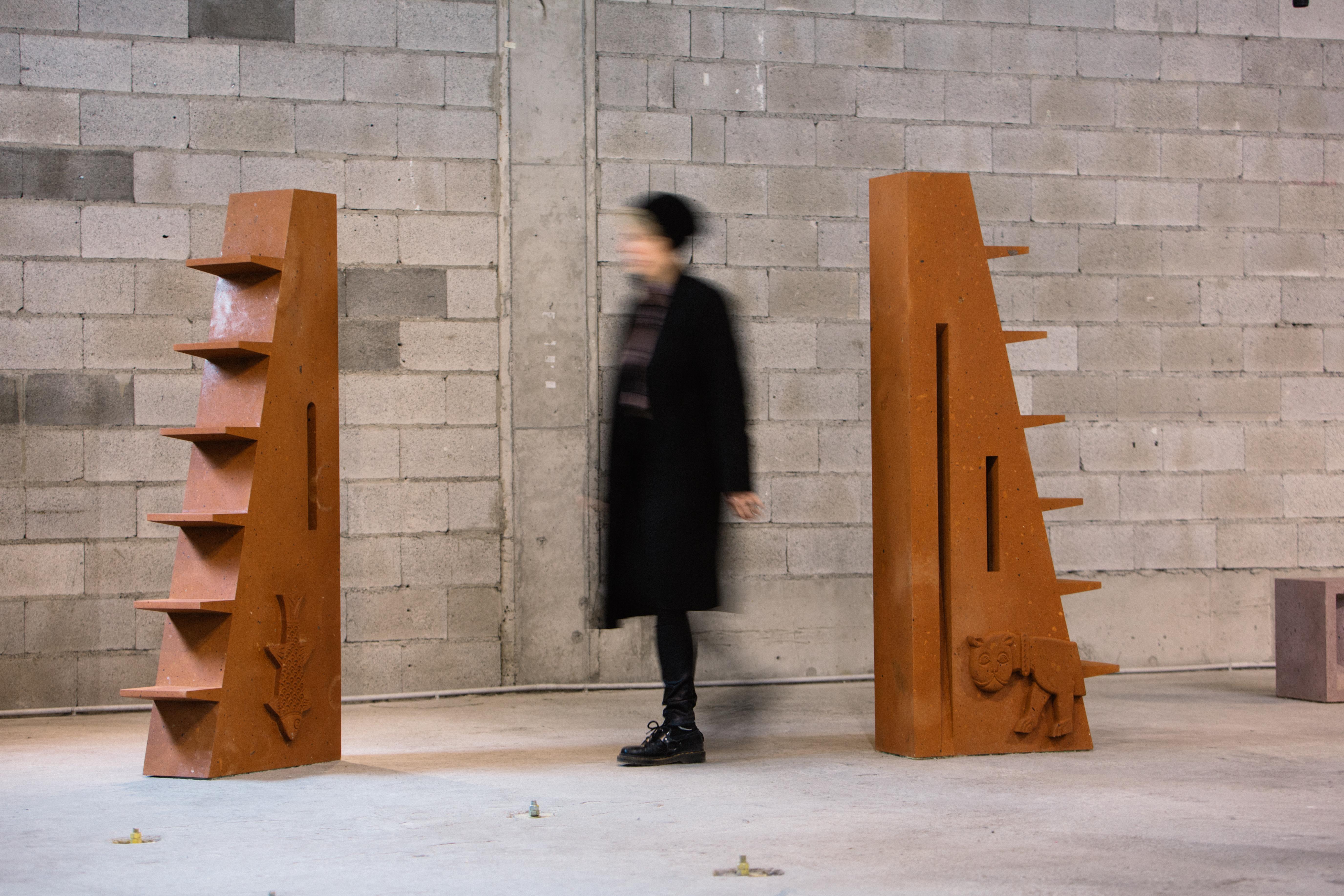 Minimalist Sculptural Freestanding Floor Shelf in Red Tuff For Sale