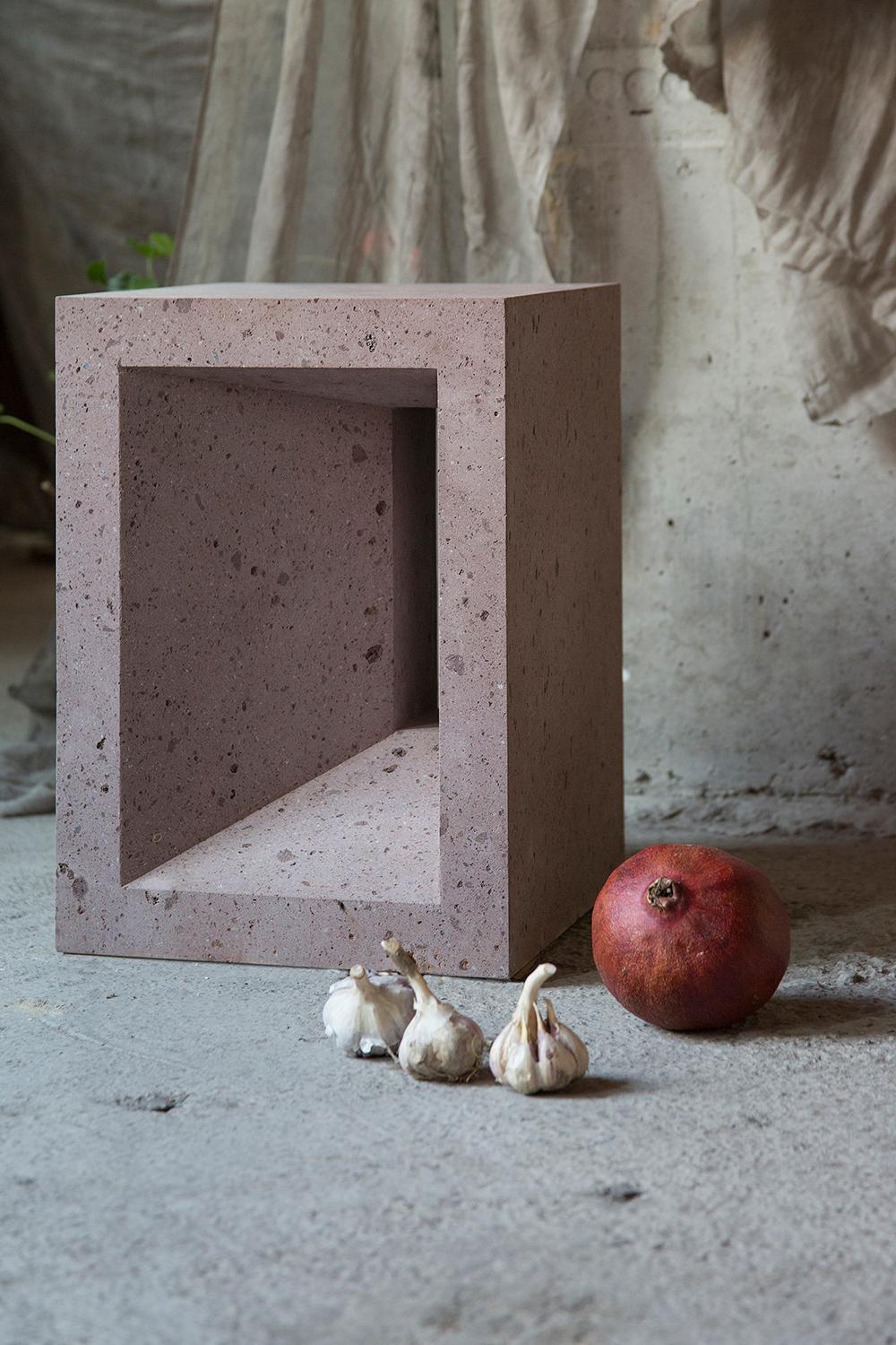 Side table No.1 is handcrafted from pink tuff in a limited edition of 5, and comes with a 