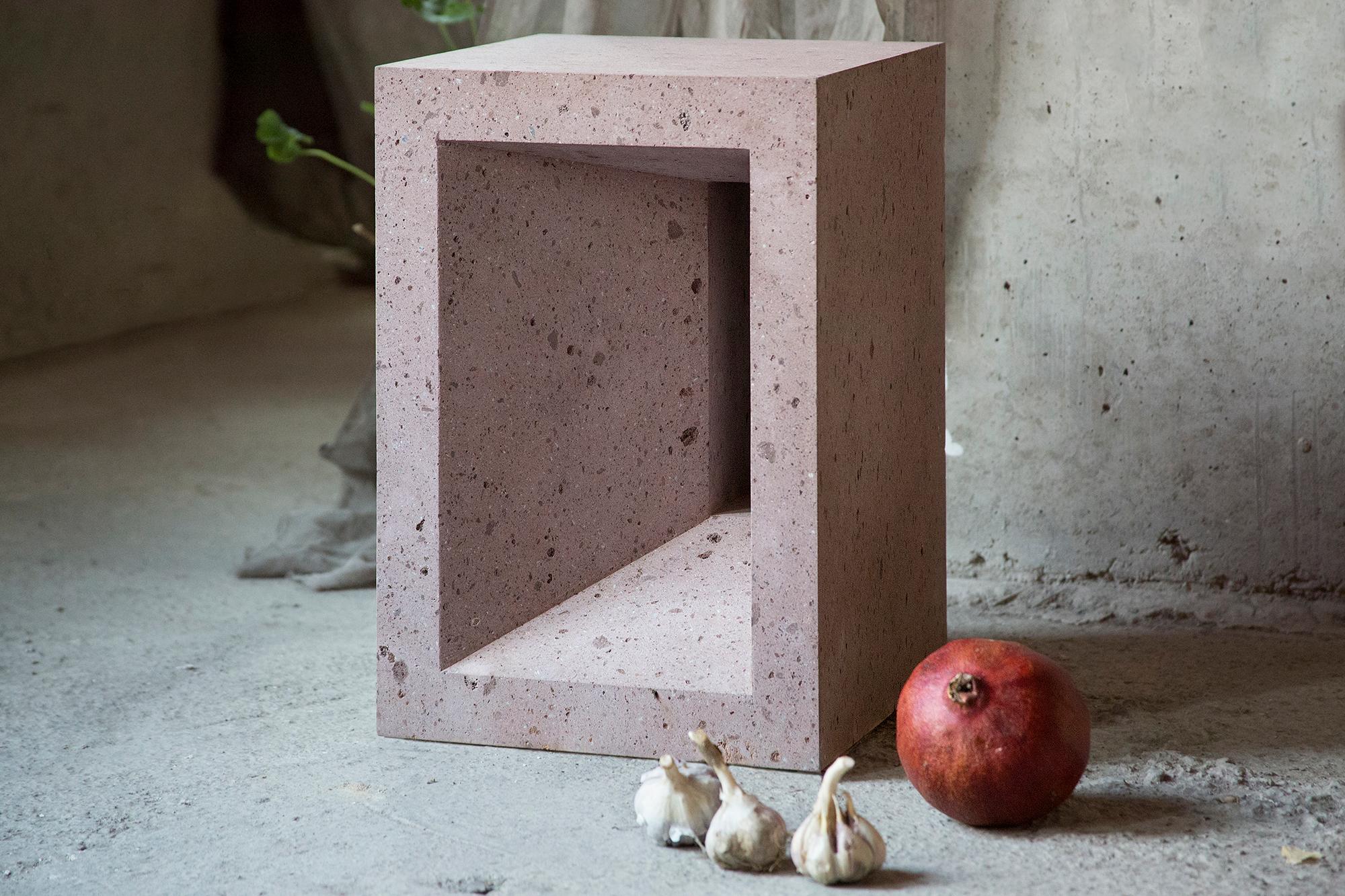 Armenian Sculptural Geometric Side Table in Pink Tuff For Sale