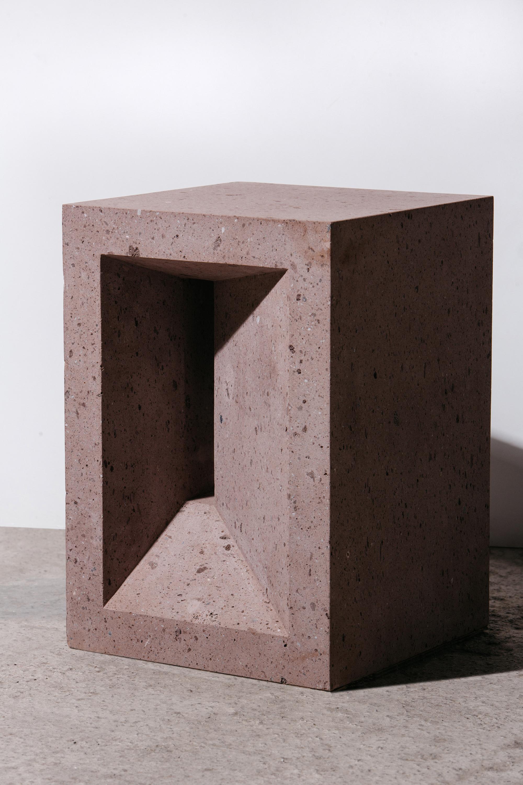 Stone Sculptural Geometric Side Table in Pink Tuff For Sale