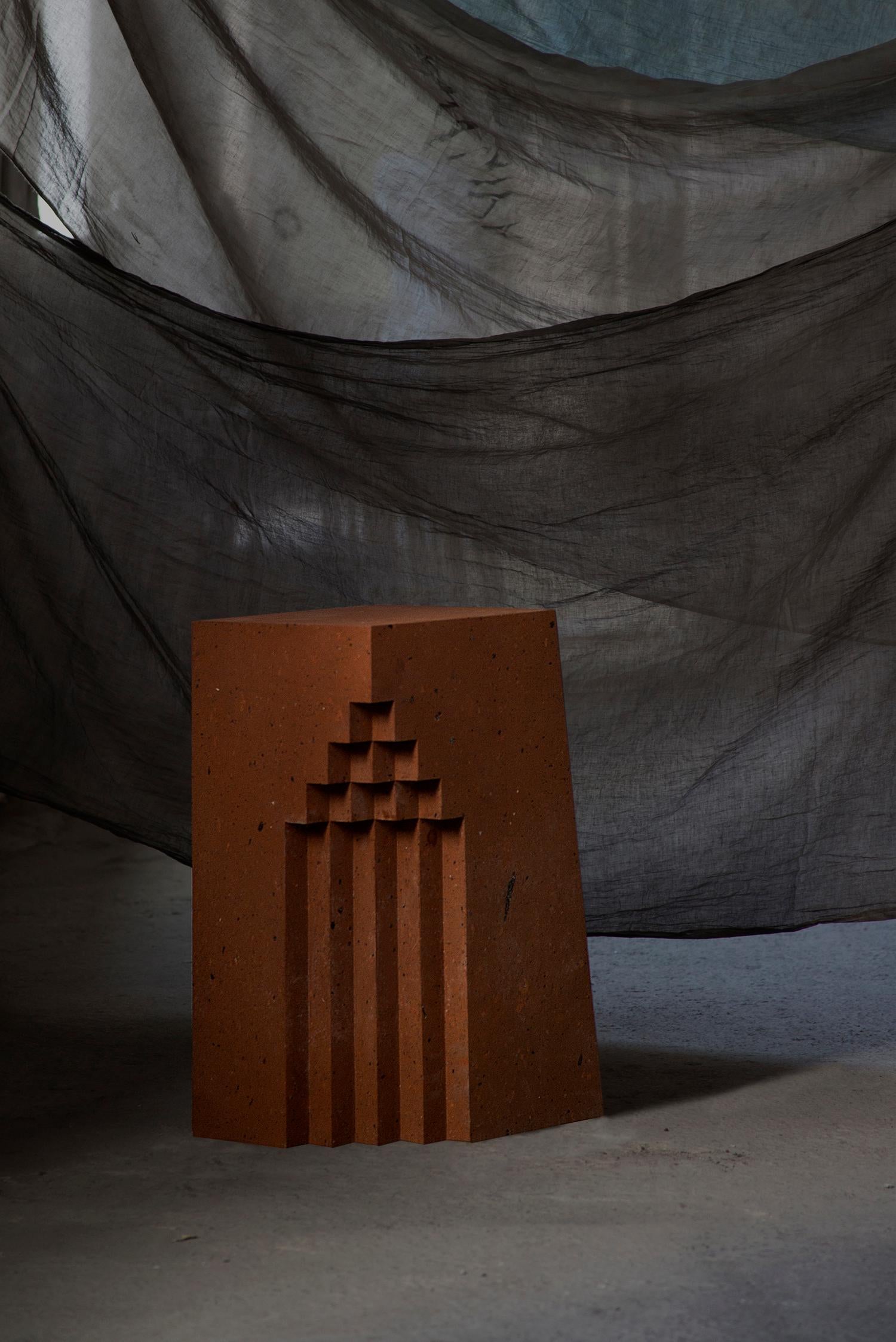 Carved Sculptural Geometric Side Table in Red Tuff For Sale