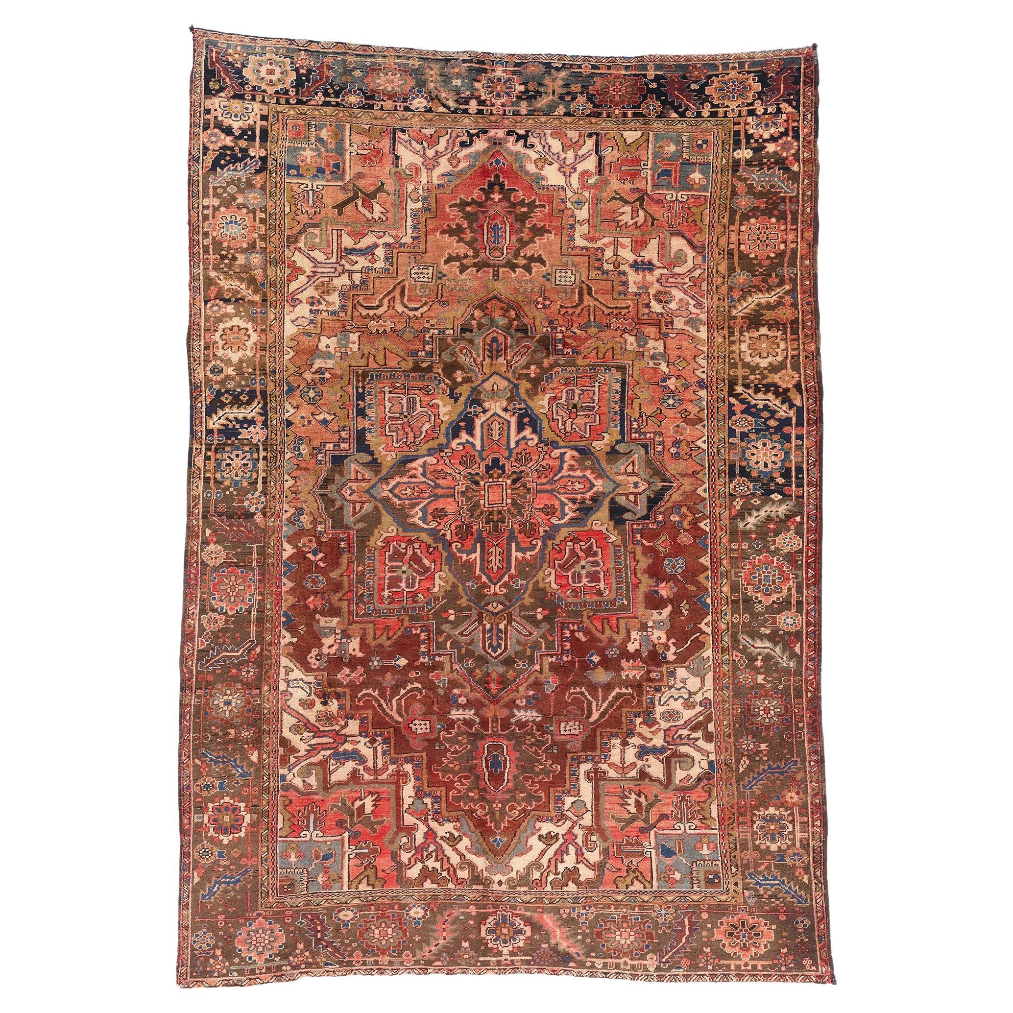The Sovereign Axis: A Vintage Persian Heriz Masterpiece of Timeless Elegance For Sale