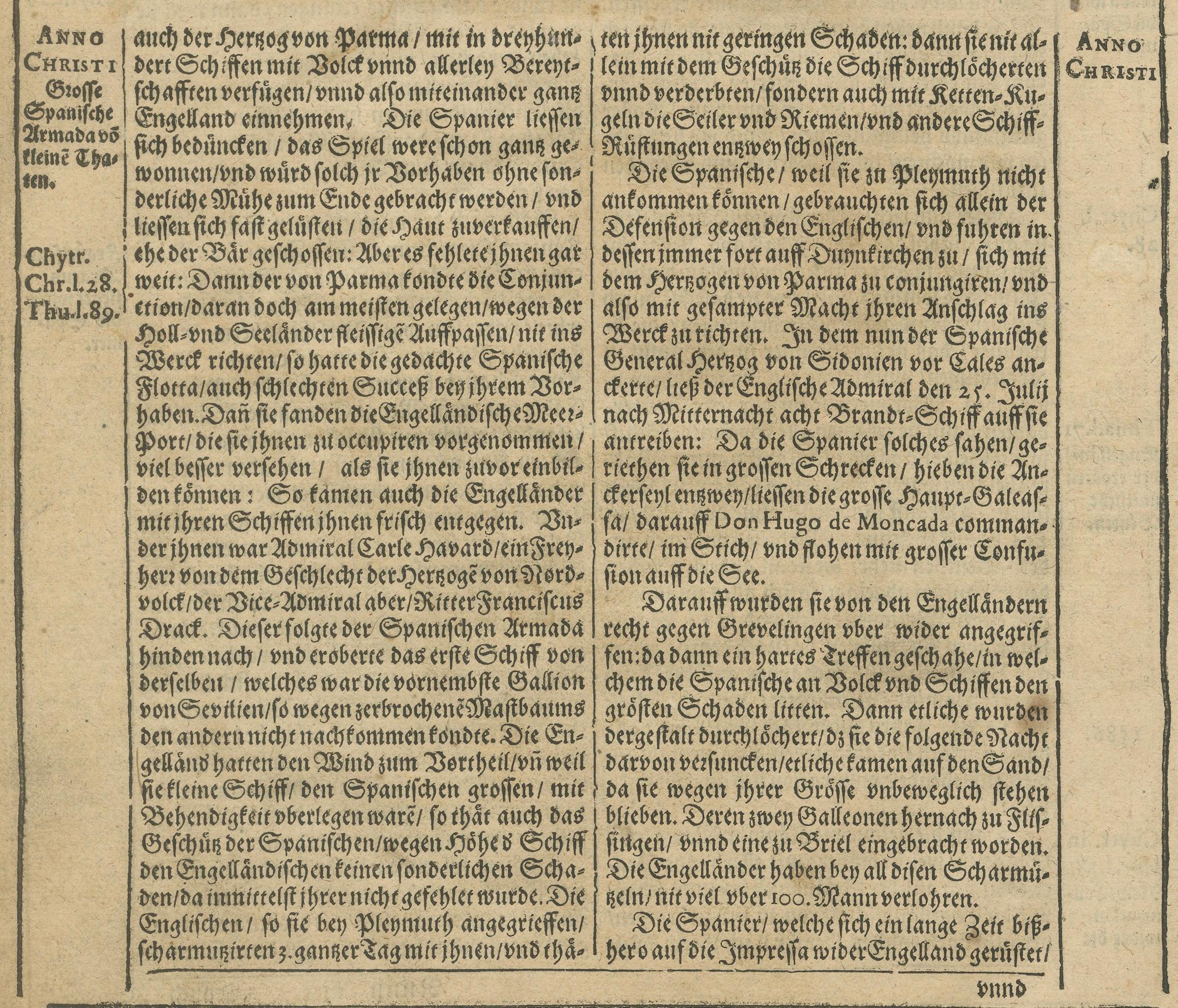 The Spanish Armada’s Defeat: A 17th-Century German Chronicle Engraving  

This impressive 17th-century engraving, titled *Historischer Chronicken*, vividly depicts the dramatic naval battle and ultimate defeat of the Spanish Armada in 1588. The page