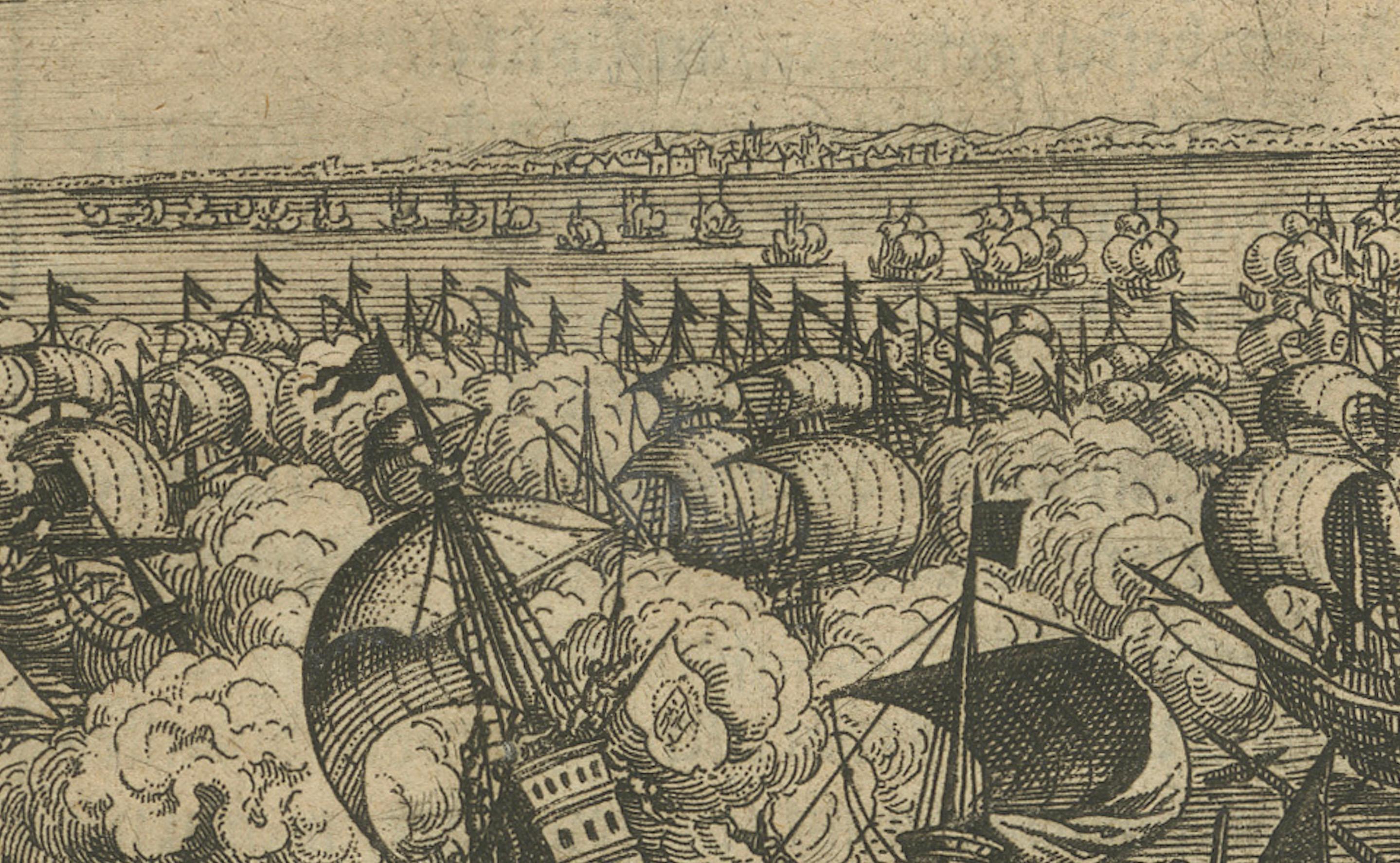 Engraved The Spanish Armada’s Defeat: A 17th-Century German Chronicle Engraving For Sale