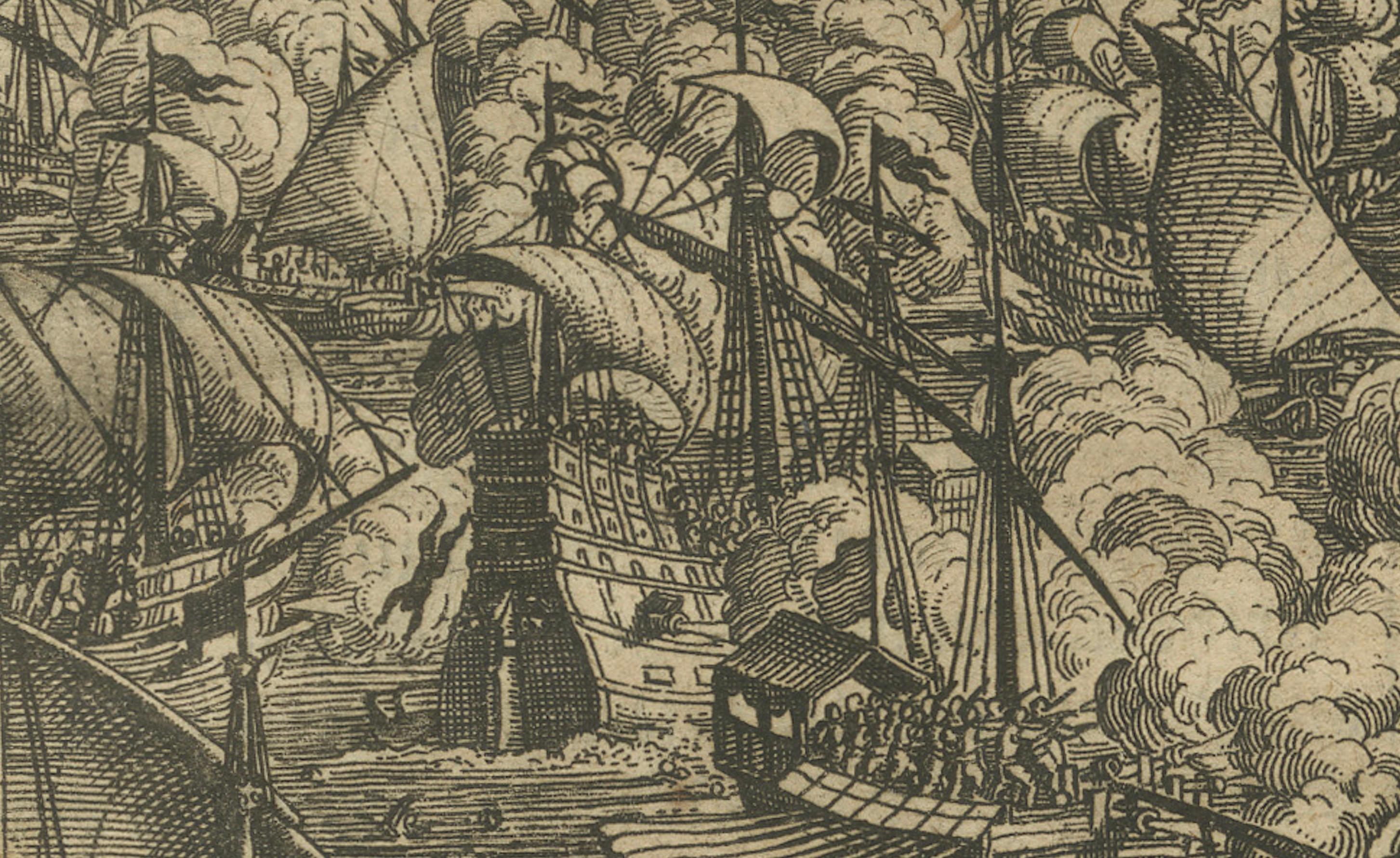 The Spanish Armada’s Defeat: A 17th-Century German Chronicle Engraving In Good Condition For Sale In Langweer, NL