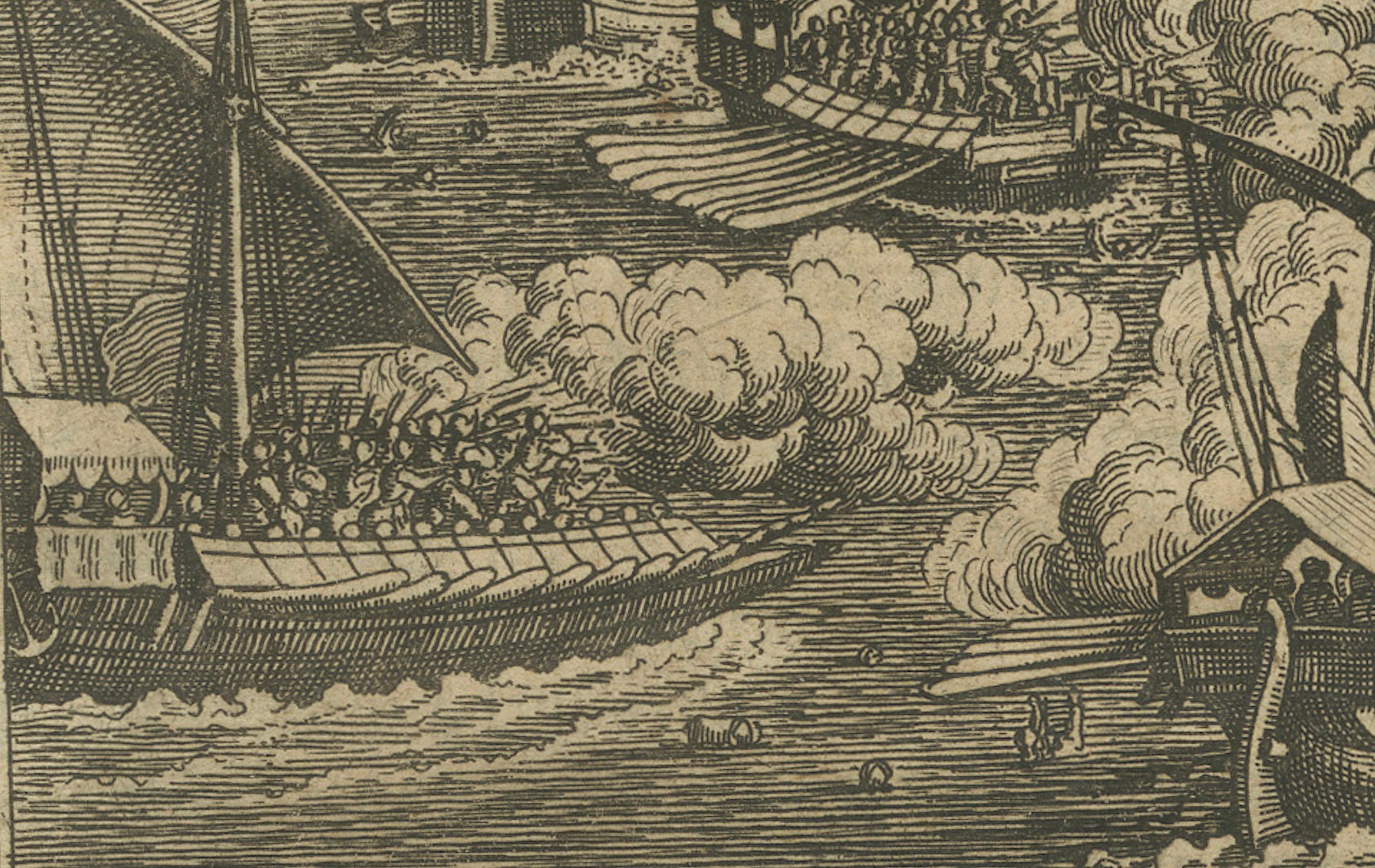 Late 17th Century The Spanish Armada’s Defeat: A 17th-Century German Chronicle Engraving For Sale