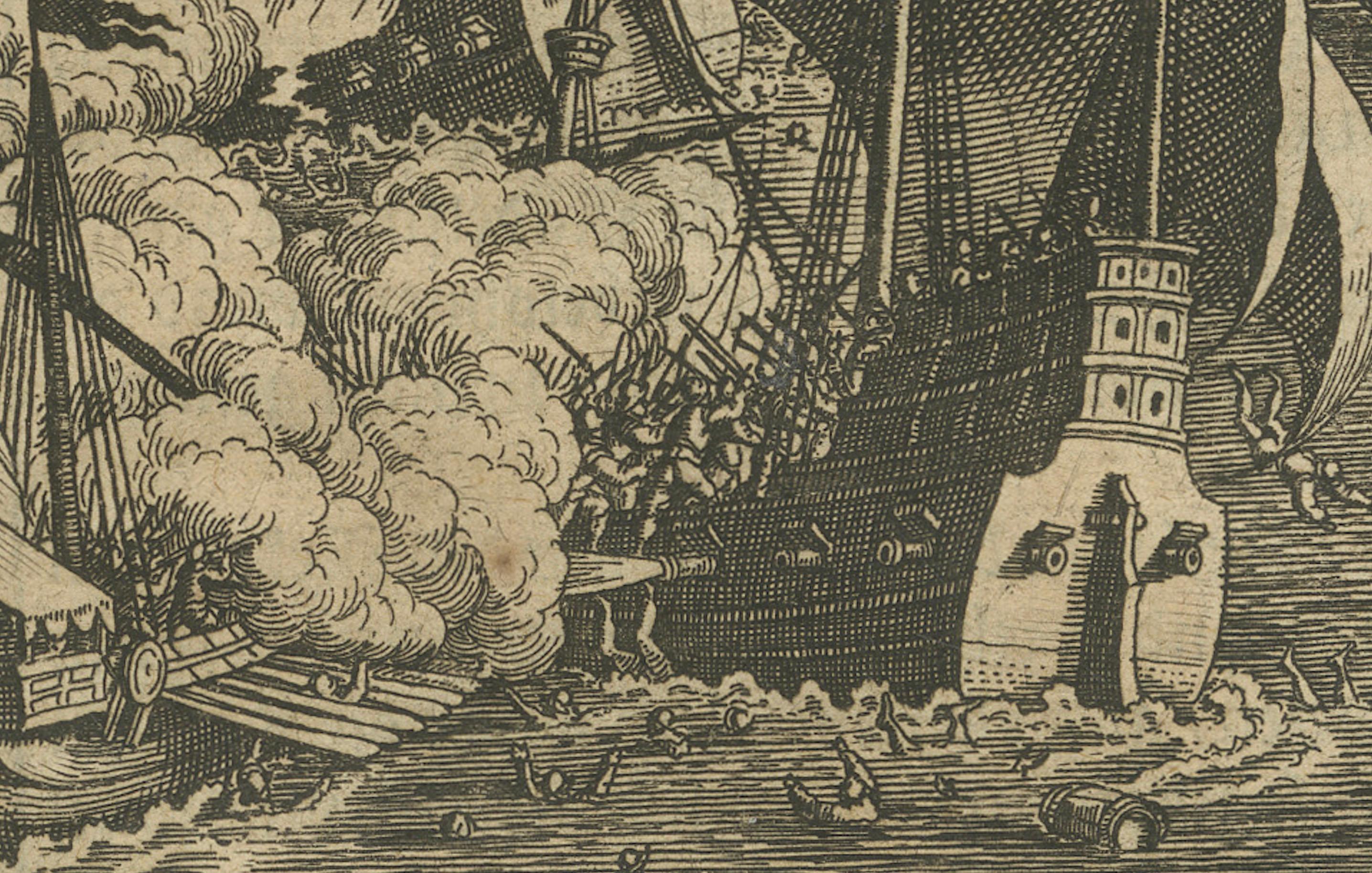 Paper The Spanish Armada’s Defeat: A 17th-Century German Chronicle Engraving For Sale