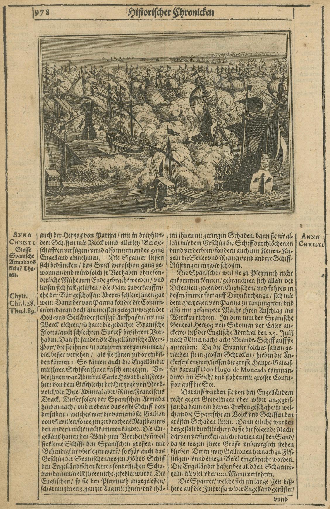The Spanish Armada’s Defeat: A 17th-Century German Chronicle Engraving For Sale 2