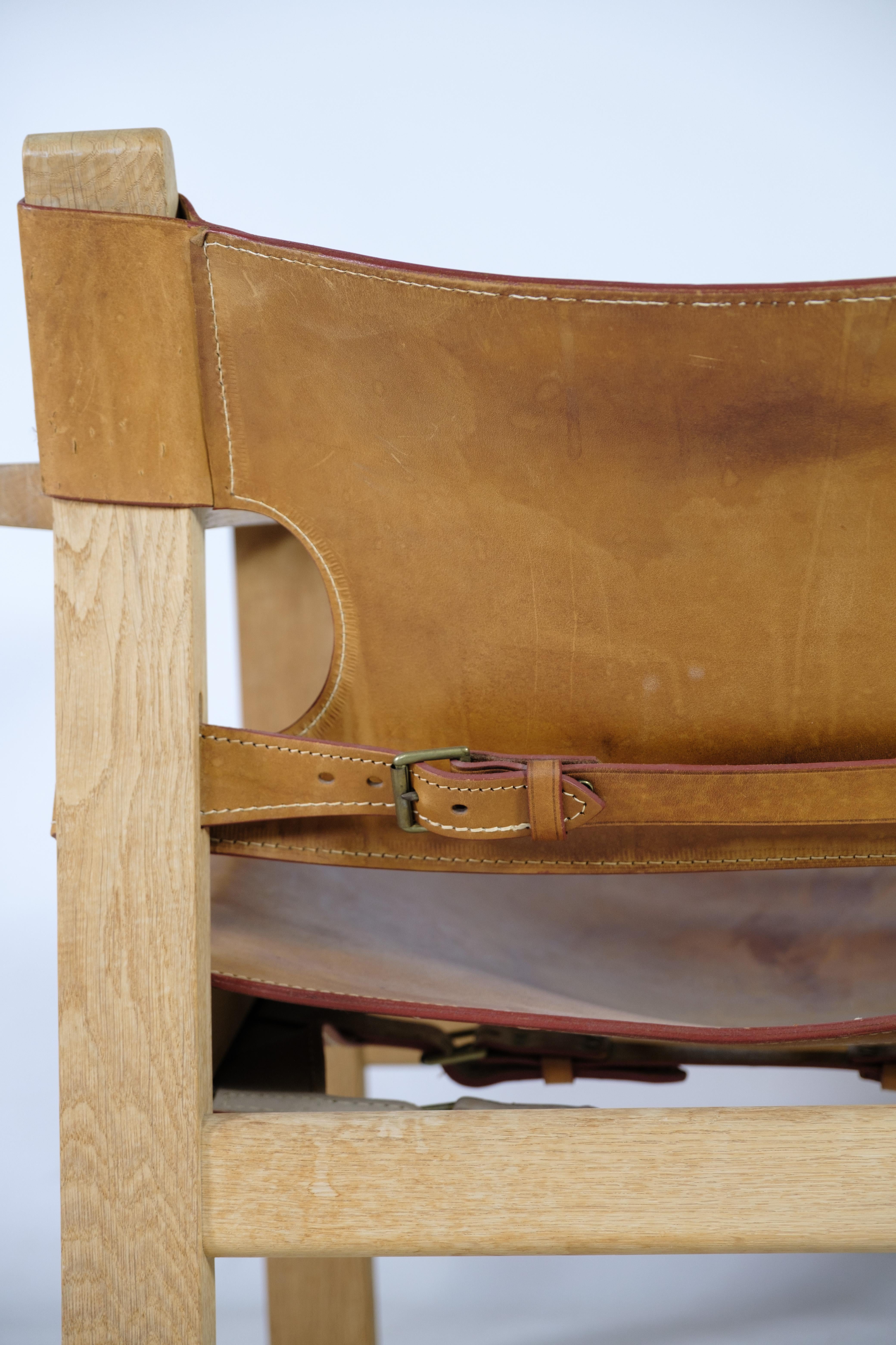 Spanish Chair Model BM2226 With Patinated Leather Designed by Børge Mogensen In Good Condition For Sale In Lejre, DK