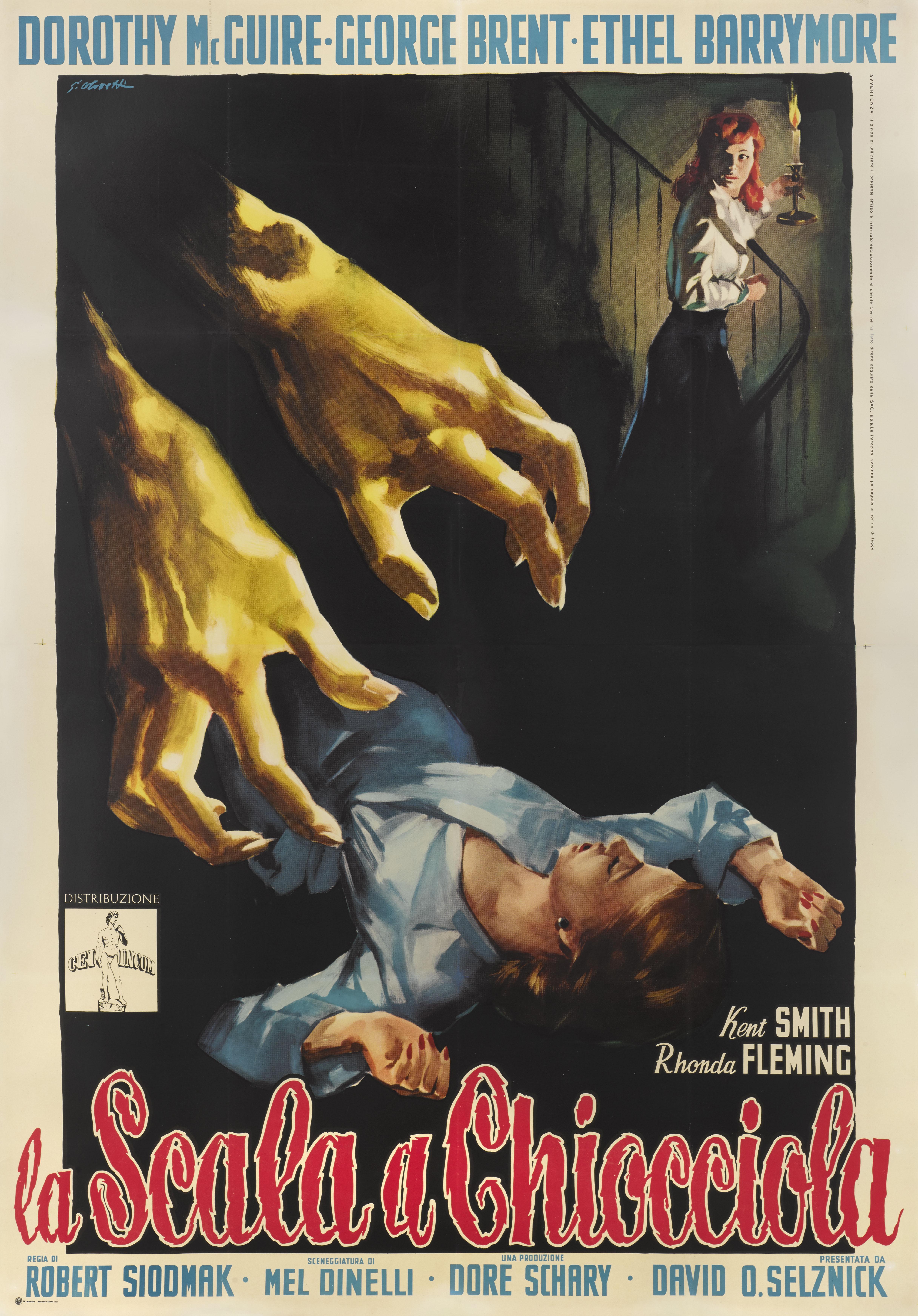 Original Italian film poster for the 1946 mystery, horror film The Spiral Staircase.
This film was directed by Robert Siodmak and stared Dorothy McGuire, George Brent, Ethel Barrymore .
The atmospheric artwork on this poster is by Giorgio Olivetti