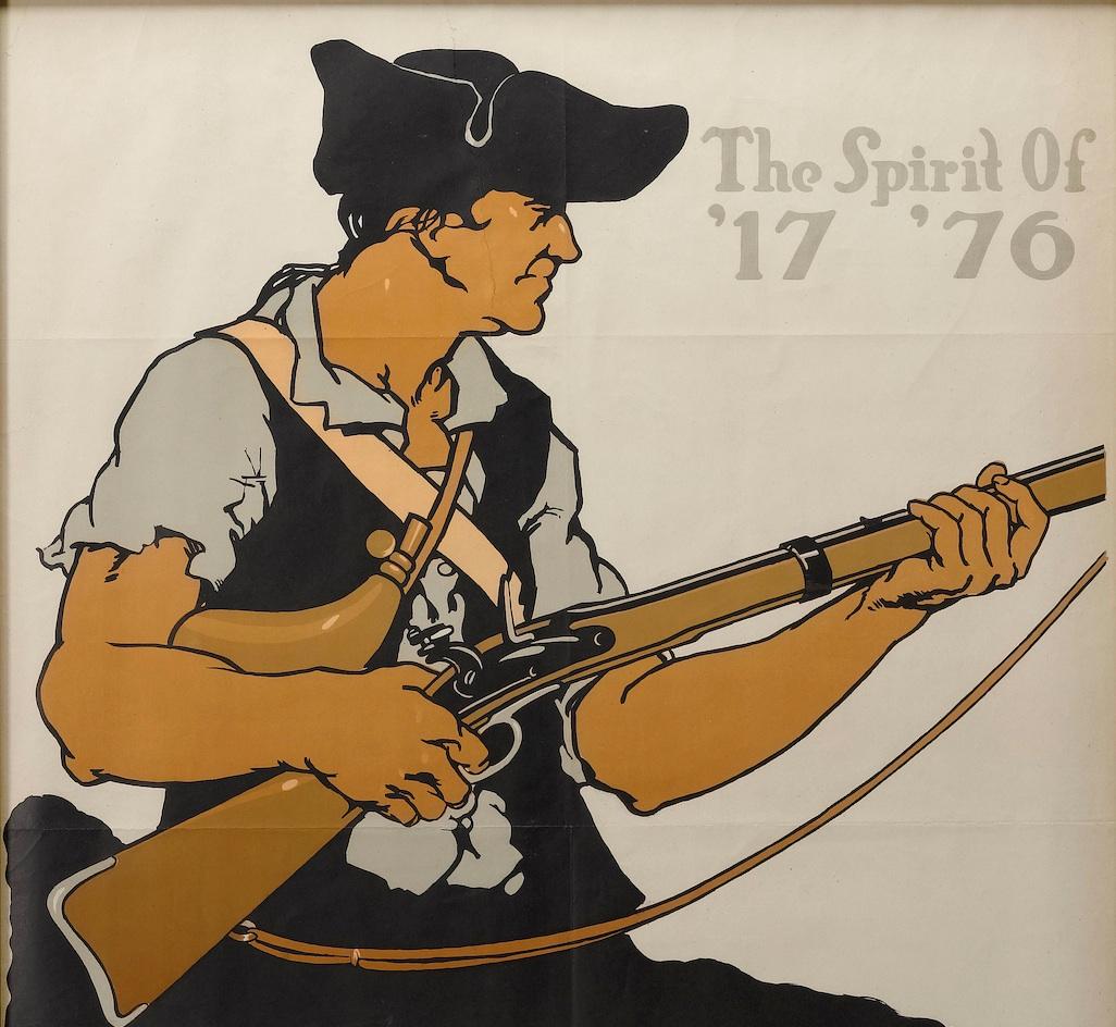 Titled “The Spirit of 17’76’”, this original WWI lithographic poster features a striking profile of a Revolutionary-War era minuteman. In high contrast, white block letters, the poster reads “Your Forefathers Died For Liberty In 1776- What Will You