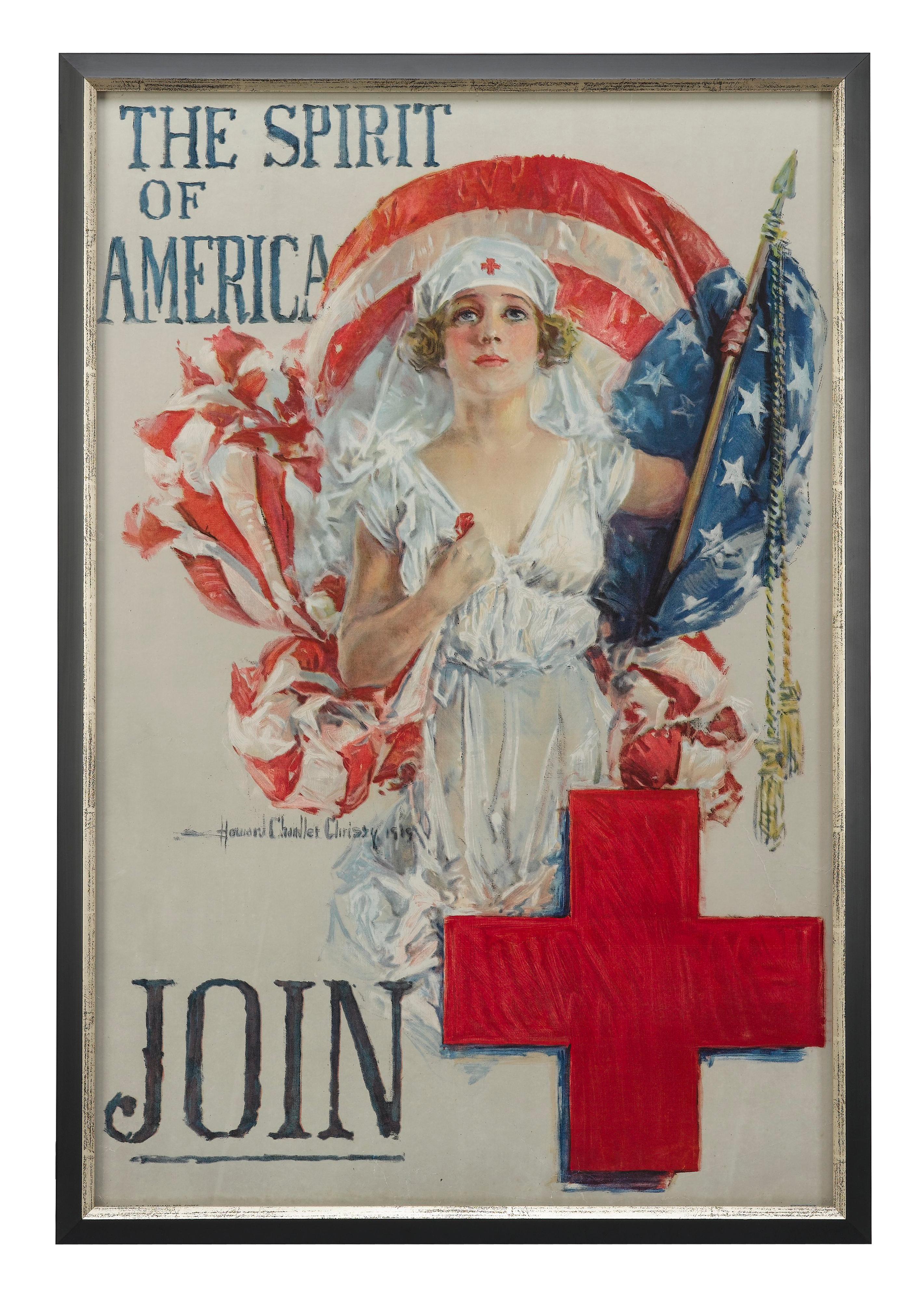 Presented is a vintage Red Cross Recruitment poster from WWI. The work was designed by famous artist Howard Chandler Christy in 1919 and was printed in Boston by Forbes Litho. In the composition, a young nurse proudly carries the American flag,
