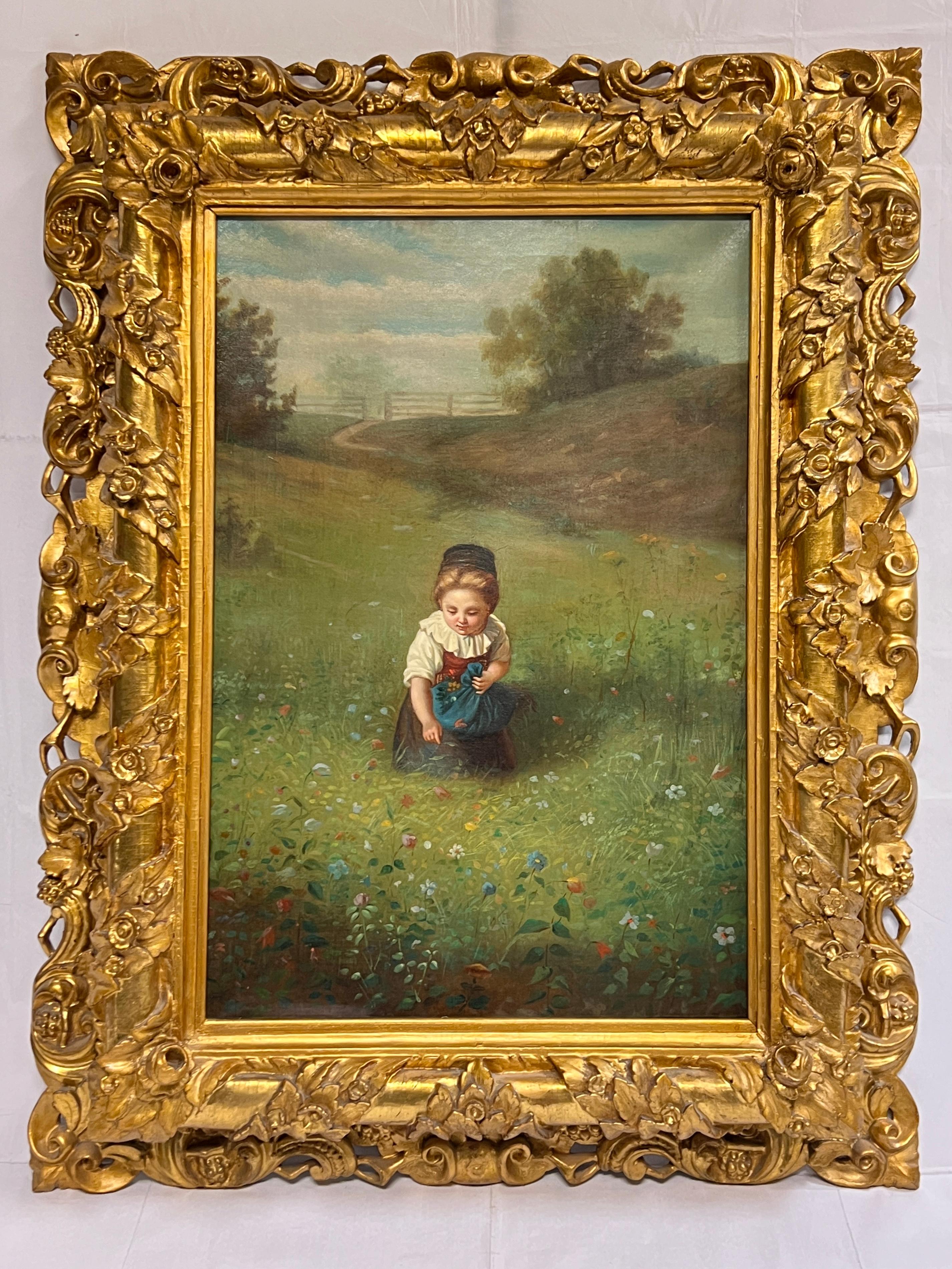 Lovely copy of the original painting, The Spring, by the German master, Ludwig Knaus (German, 1829-1910), mounted in its original and truly magnificent ornate giltwood frame measuring 31 by 40 by 3 3/4 inches.  Stretcher 28 by 28 inches, apparently
