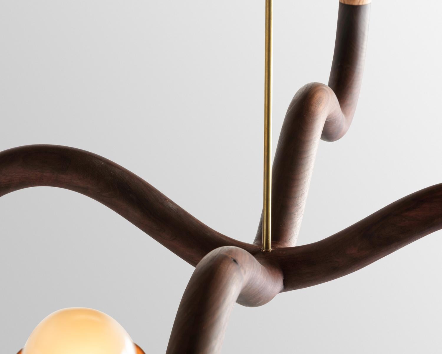 American Squiggle Chandelier / Hand sculpted Walnut & Red Oak For Sale