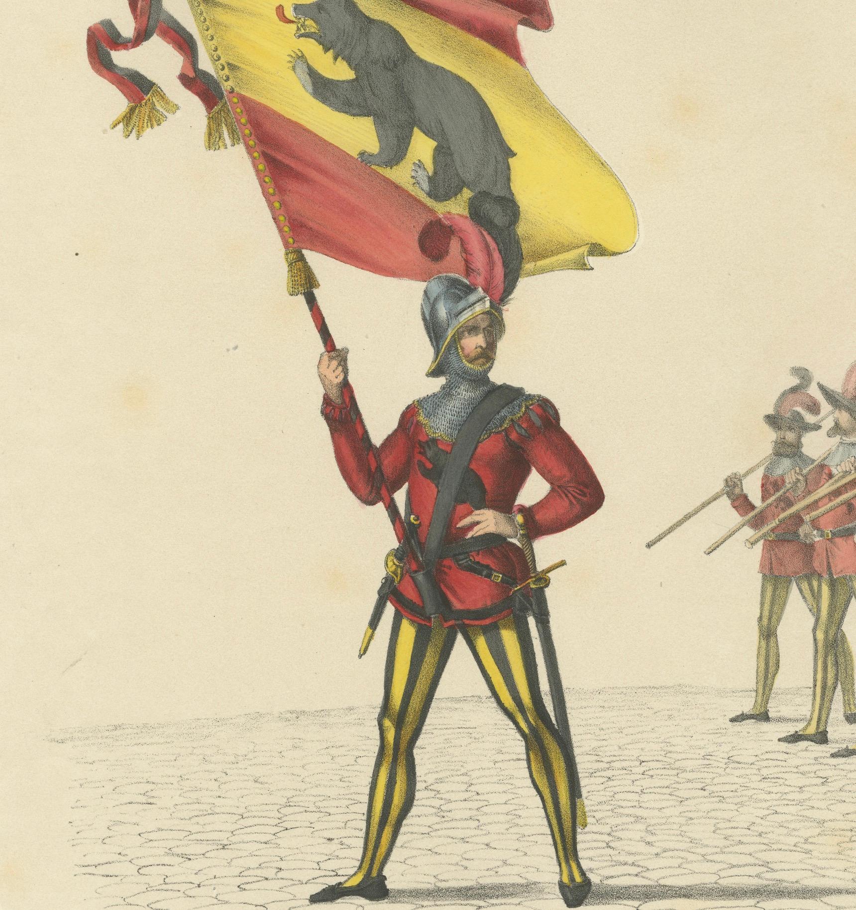 Titel: Der Standartenträger von Bern an der Spitze einer Schweizer Infanterieformation  

Beschreibung: Diese handkolorierte Lithographie von H. Jenny, lithographiert von Kümmerly und Wittmer, ist eine bemerkenswerte visuelle Darstellung aus dem