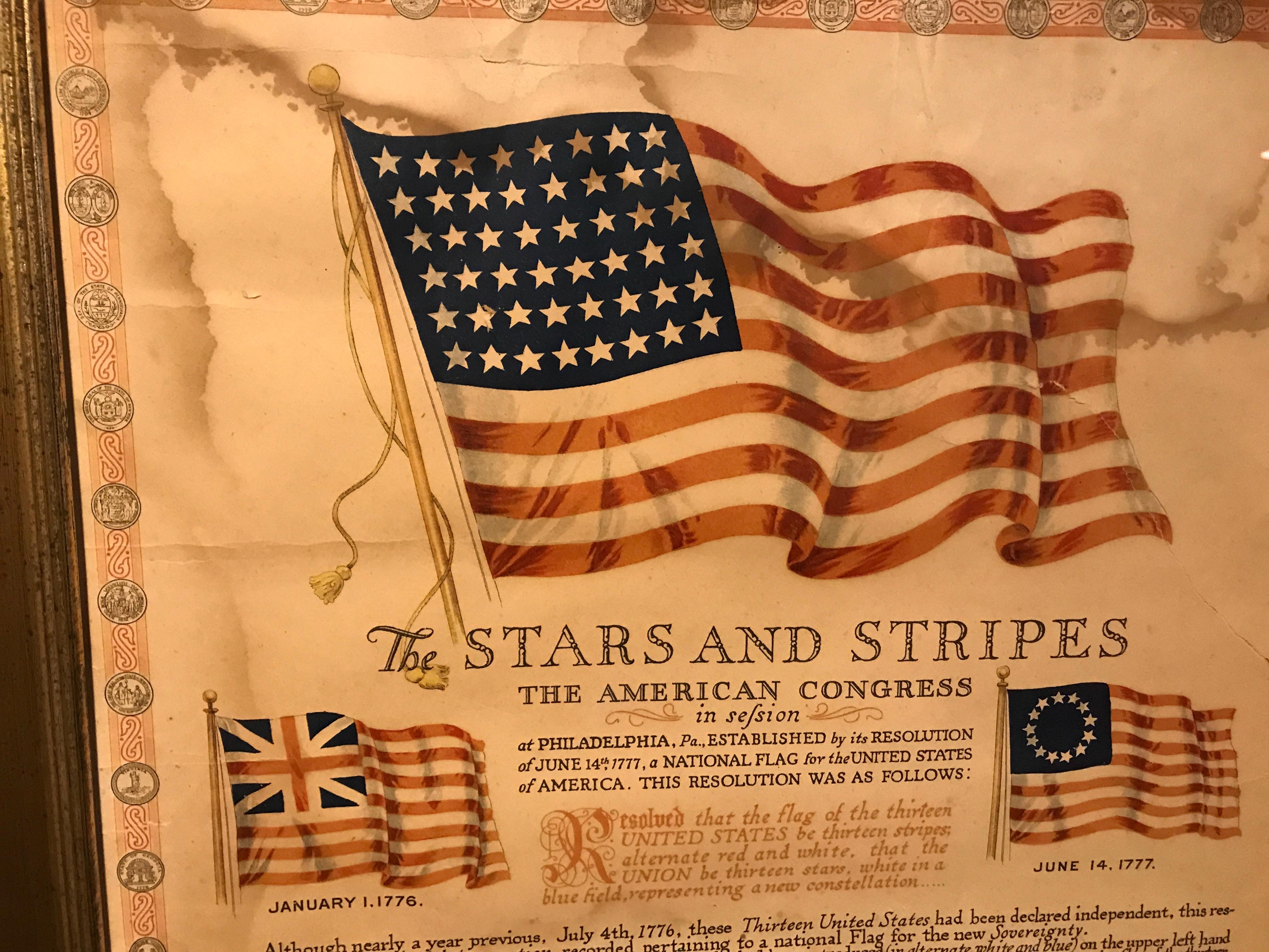 The Stars and Stripes circa 1917 by: Geo D.Roper, Rockford, IL. Evolution of the United States flag up until the 48 star flag. Flags included: January 1, 1776 (Grand Union Flag), June 14th 1777 (13 Stars), January 13th, 1794 (15 Stars), March 24th,