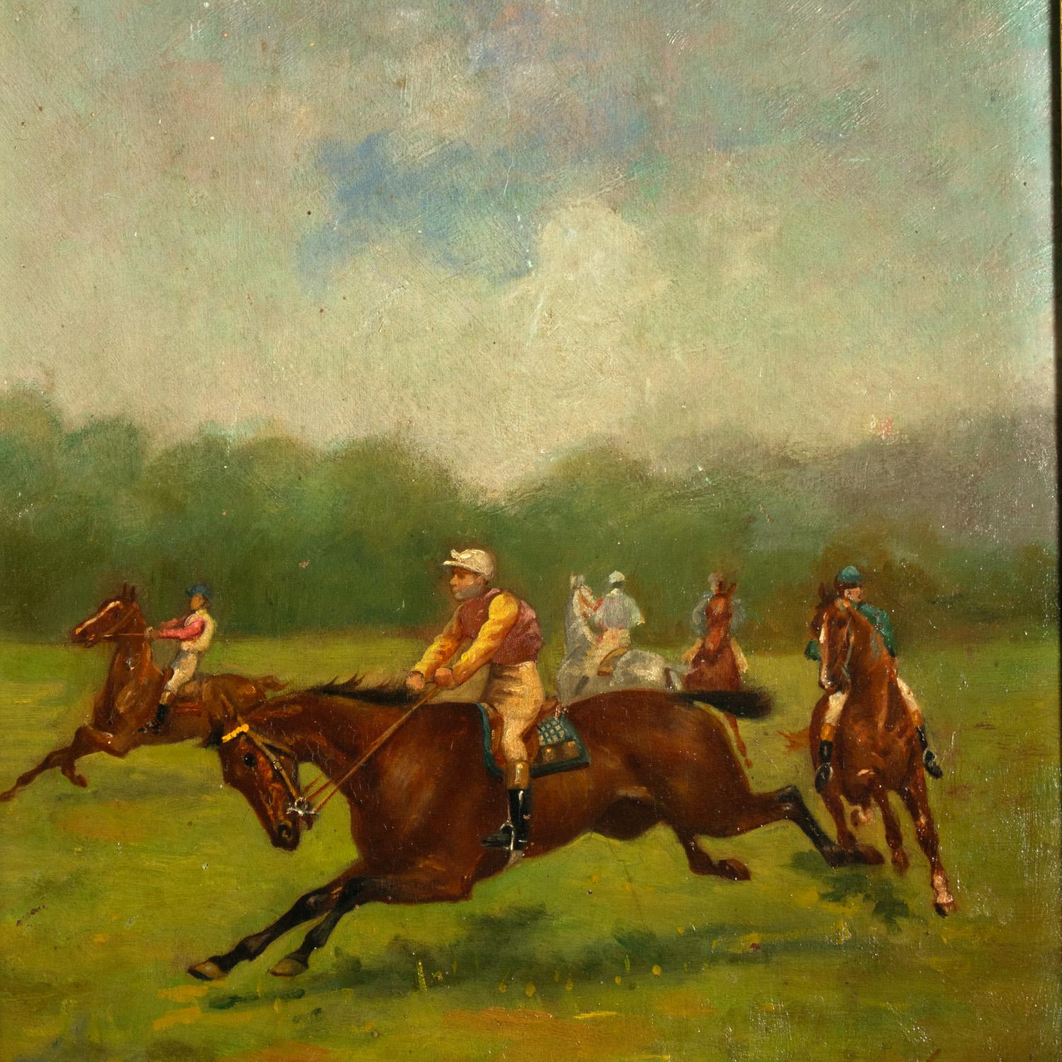 The Start of the Race - French School, 19th Century, Framed Oil on Panel in the style of de Dreux and Herring.

A skilful and colourful depiction by the artist of the start of a horse race - the painting shows several horses proving to be almost too