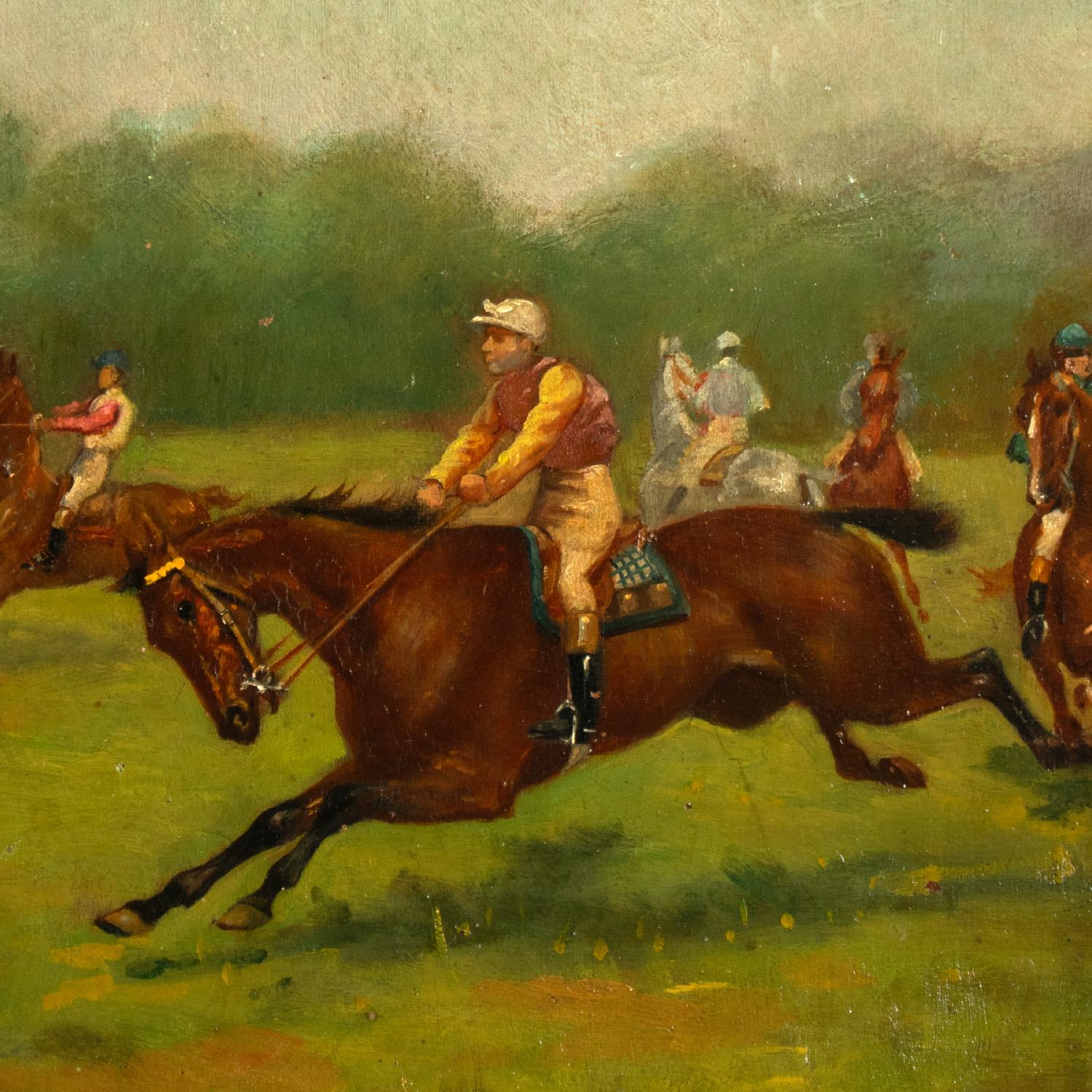 The Start of the Race - French School, 19th Century Oil on Panel In Good Condition For Sale In TEYJAT, FR