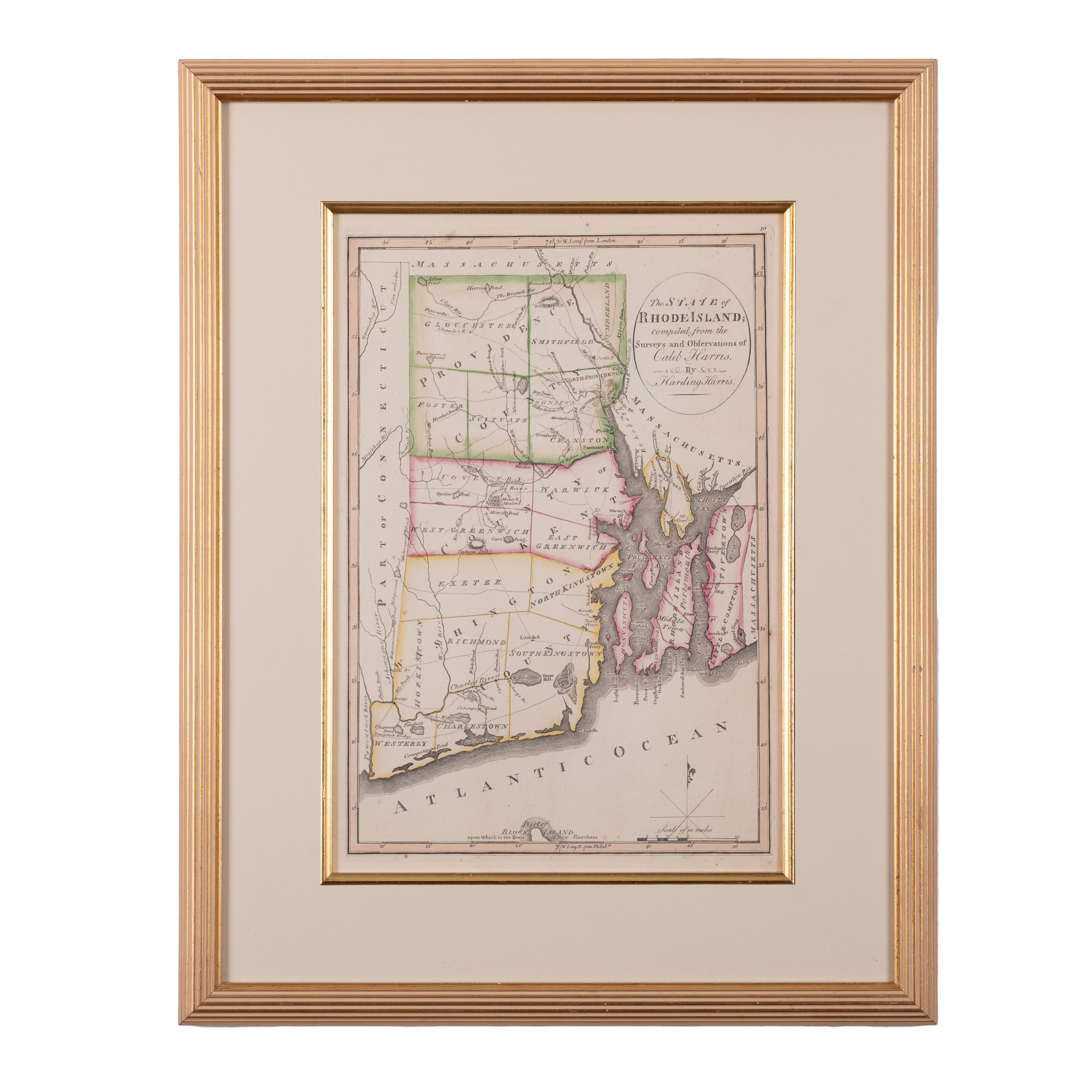 Mathew Carey
(Amerikaner/Philadelphia, 1760-1839)

Der Staat Rhode Island, zusammengestellt nach den Erhebungen und Beobachtungen von Caleb Harris durch Harding Harris.  Kupferstich mit Handkolorierung.  Herausgegeben von Mathew Carey, Philadelphia,