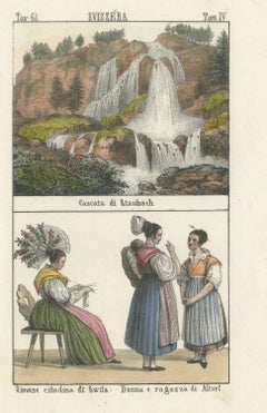 The Staubbach Falls and Women of Schwyz and Altdorf, Hand Colored, 1842