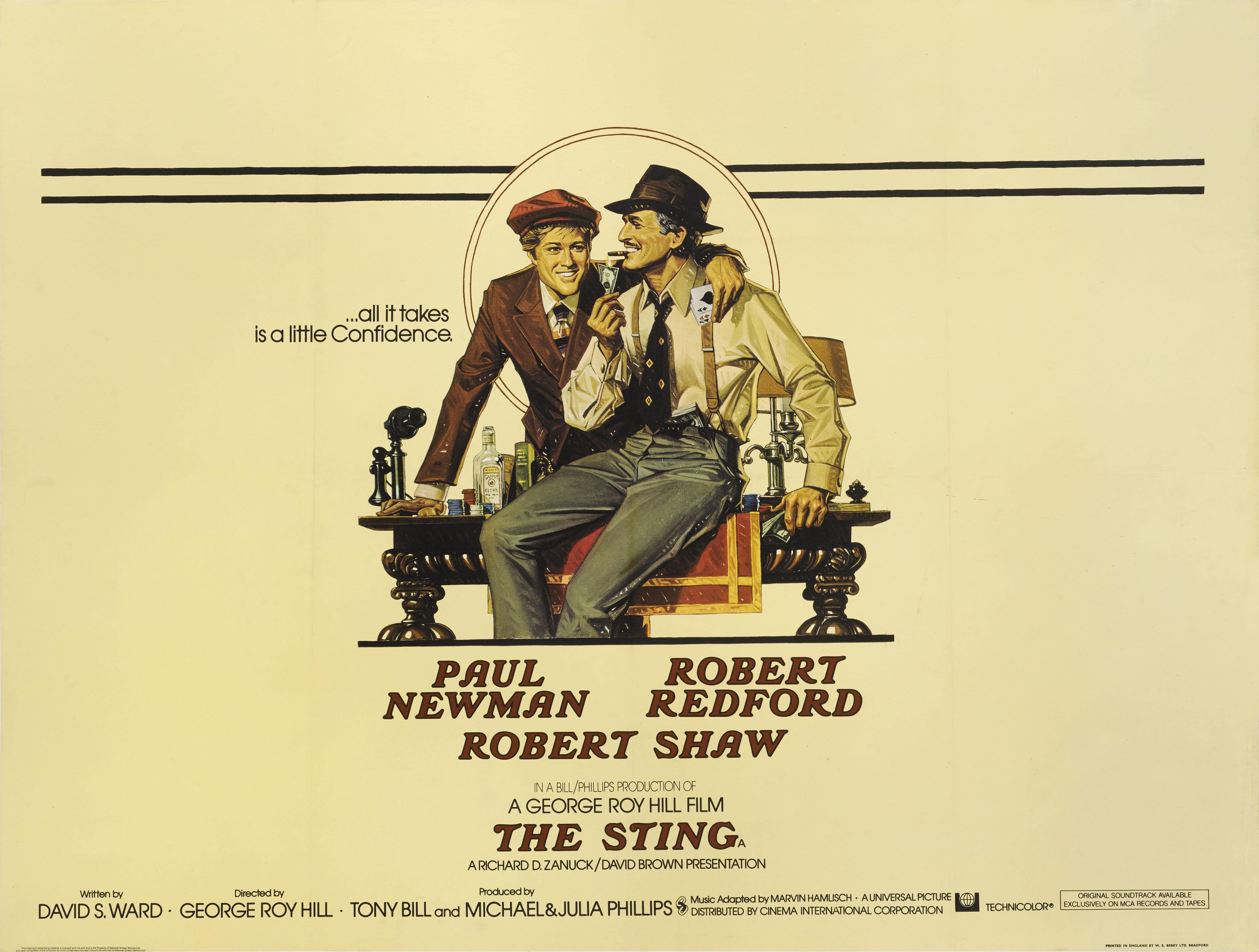 Original British film poster for The Sting, 1974. Starring Robert Redford, Paul Newman, Robert Shaw and directed by George Roy Hill. This poster is conservation linen backed and would be shipped rolled in a strong tube.