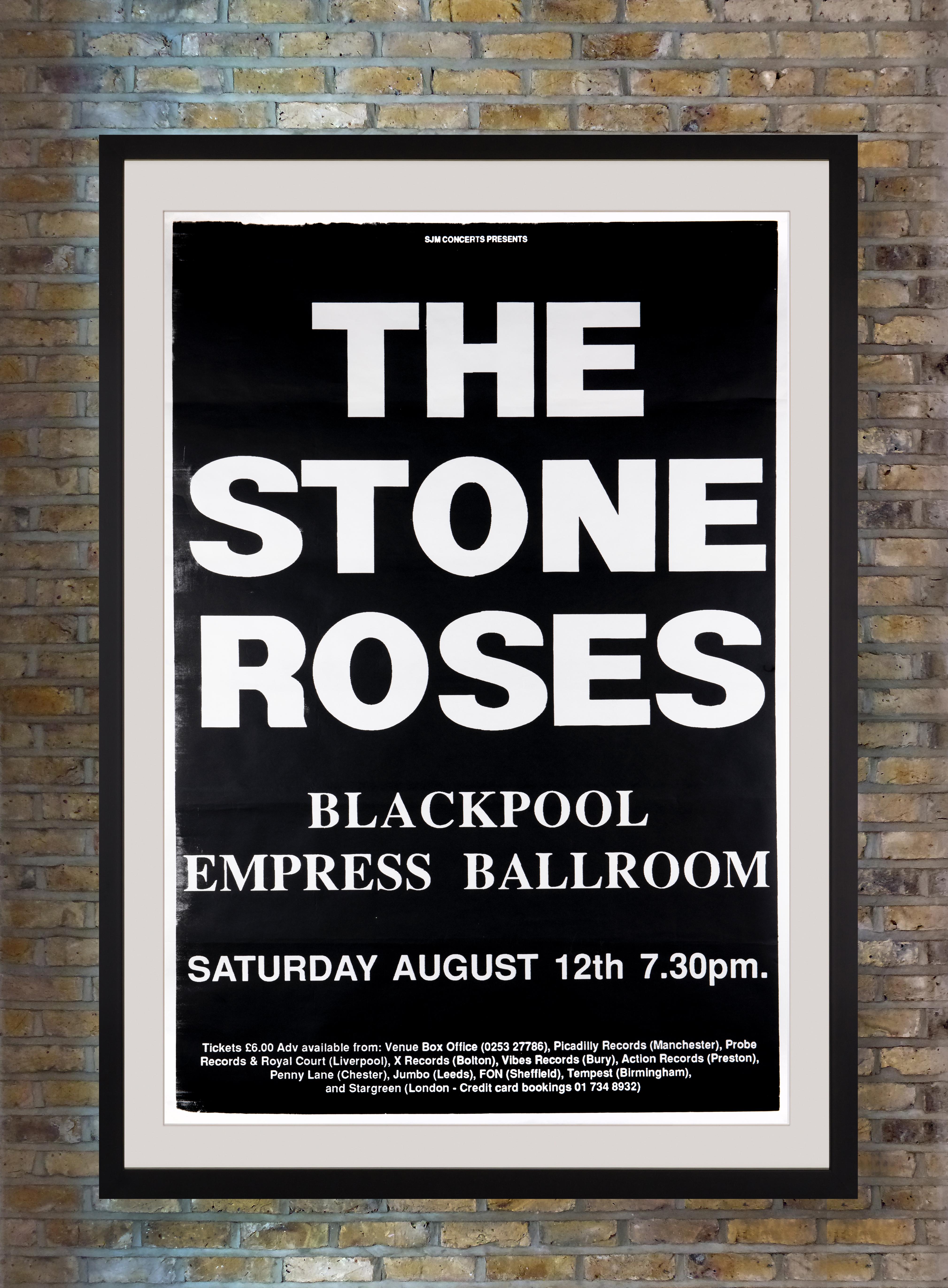 A large and striking silkscreen concert poster for The Stone Roses' seminal gig at the Empress Ballroom in Blackpool, England, on Saturday 12th August 1989. Following the release of their eponymous debut album in May 1989, Manchester musicians Ian