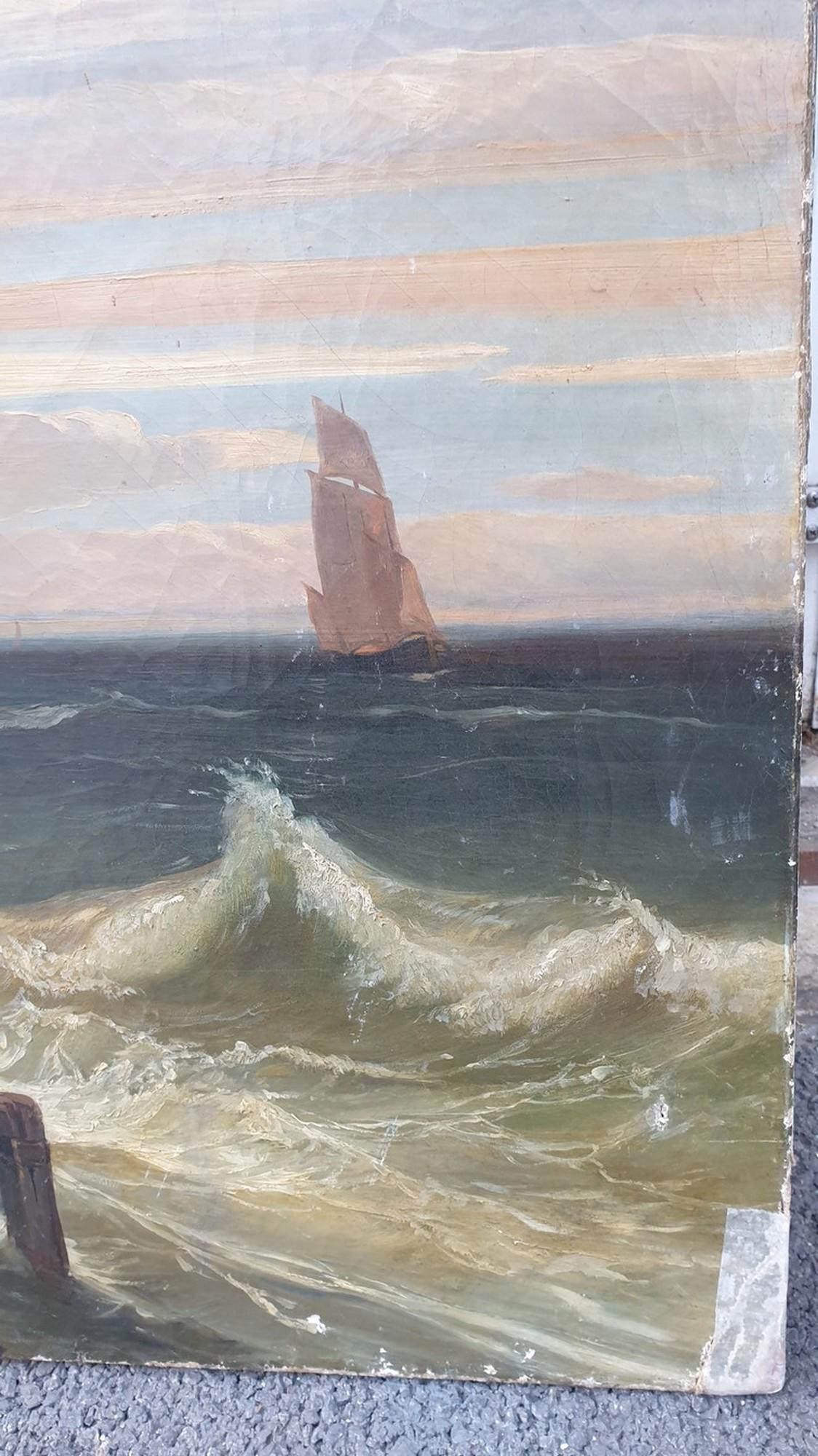 La tempête, huile sur toile, XIXe siècle en vente 3