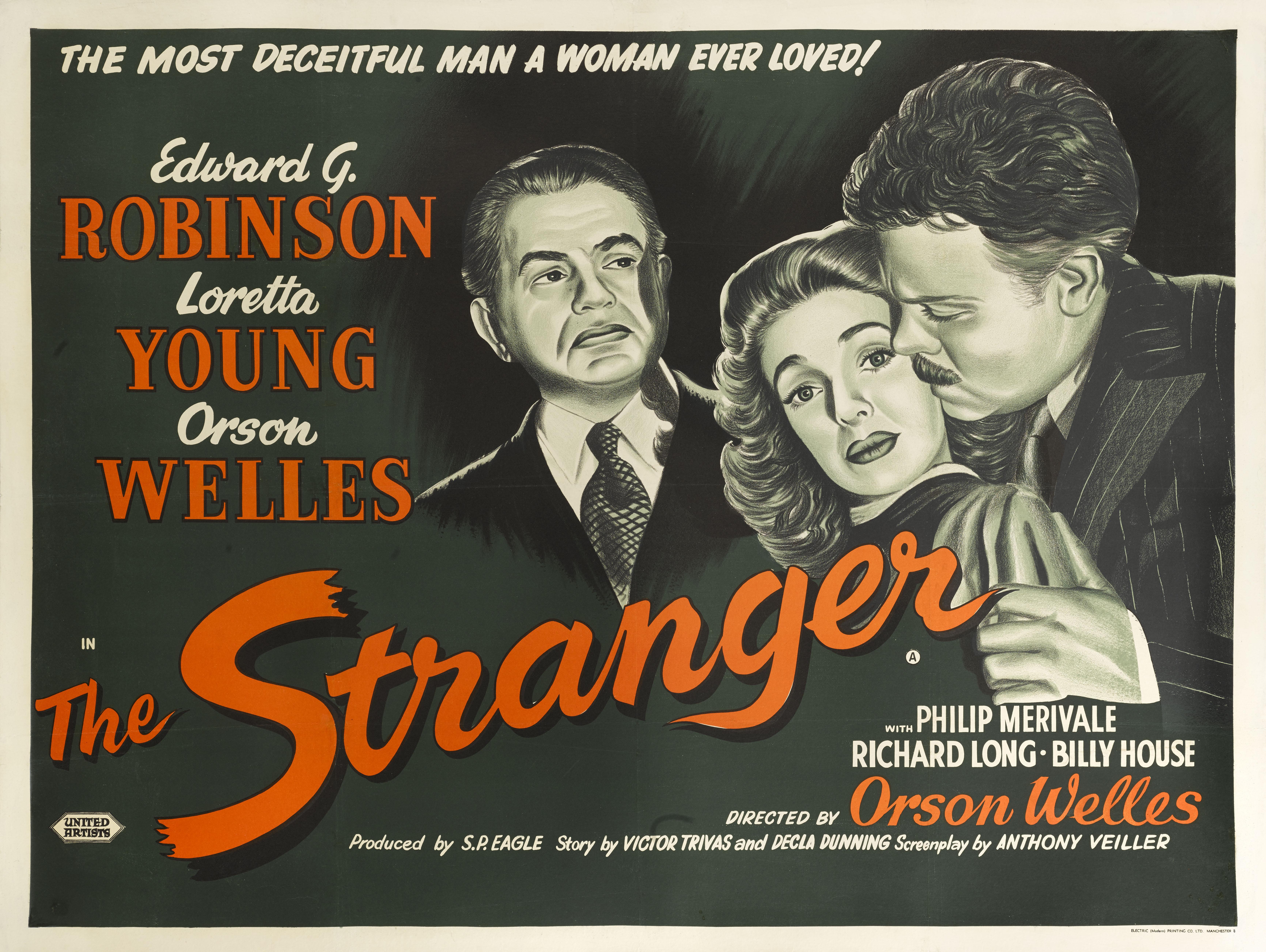 Original British movie poster for the 1946 Film Noir directed by Orson Welles and starred Edward G. Robinson, Orson Welles and Loretta Young. This poster is conservation linen backed and it would be shipped rolled in a strong tube.