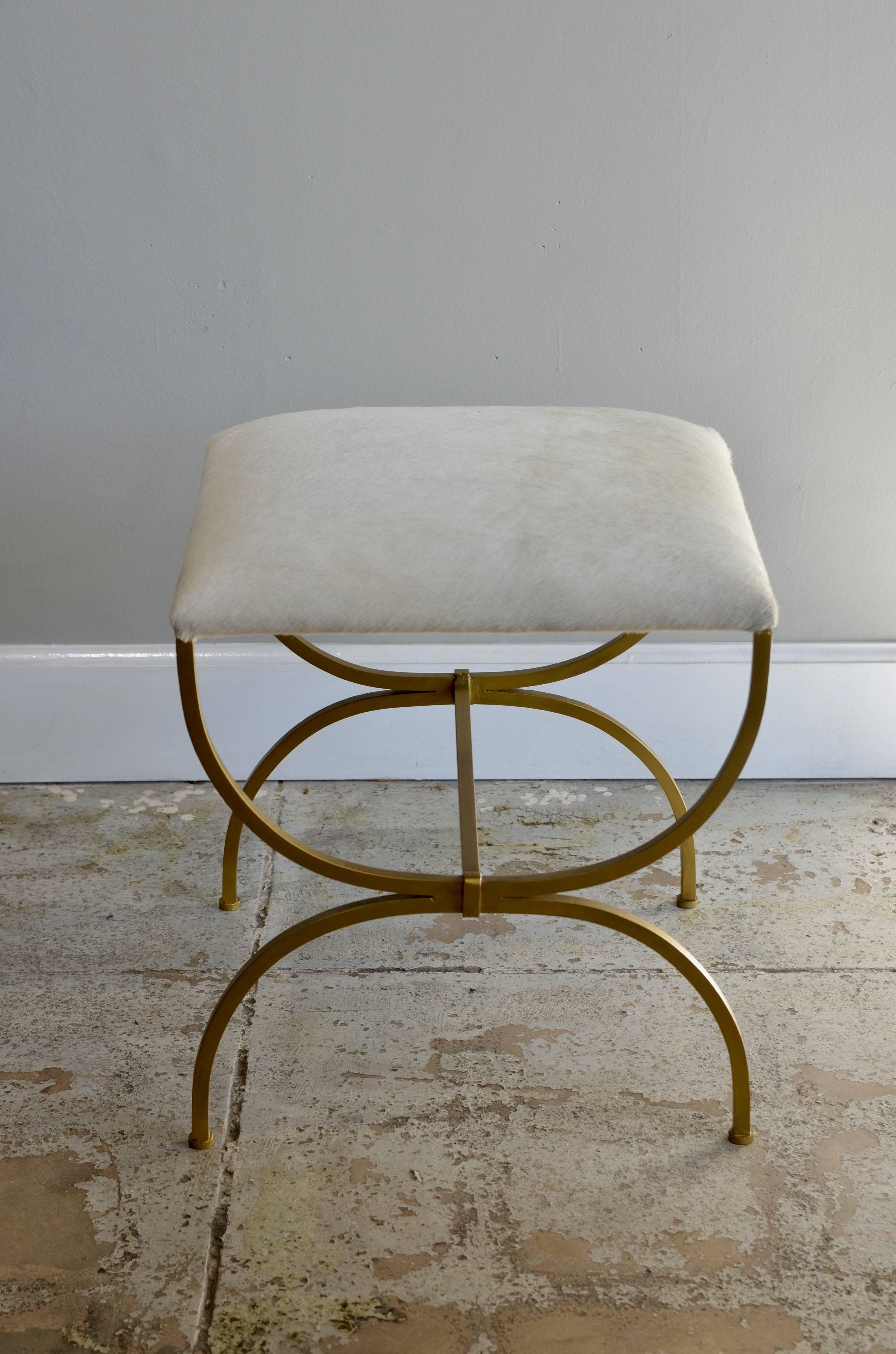 Art Deco The 'Strapontin' Gilt Metal and White Hide Stool by Design Frères