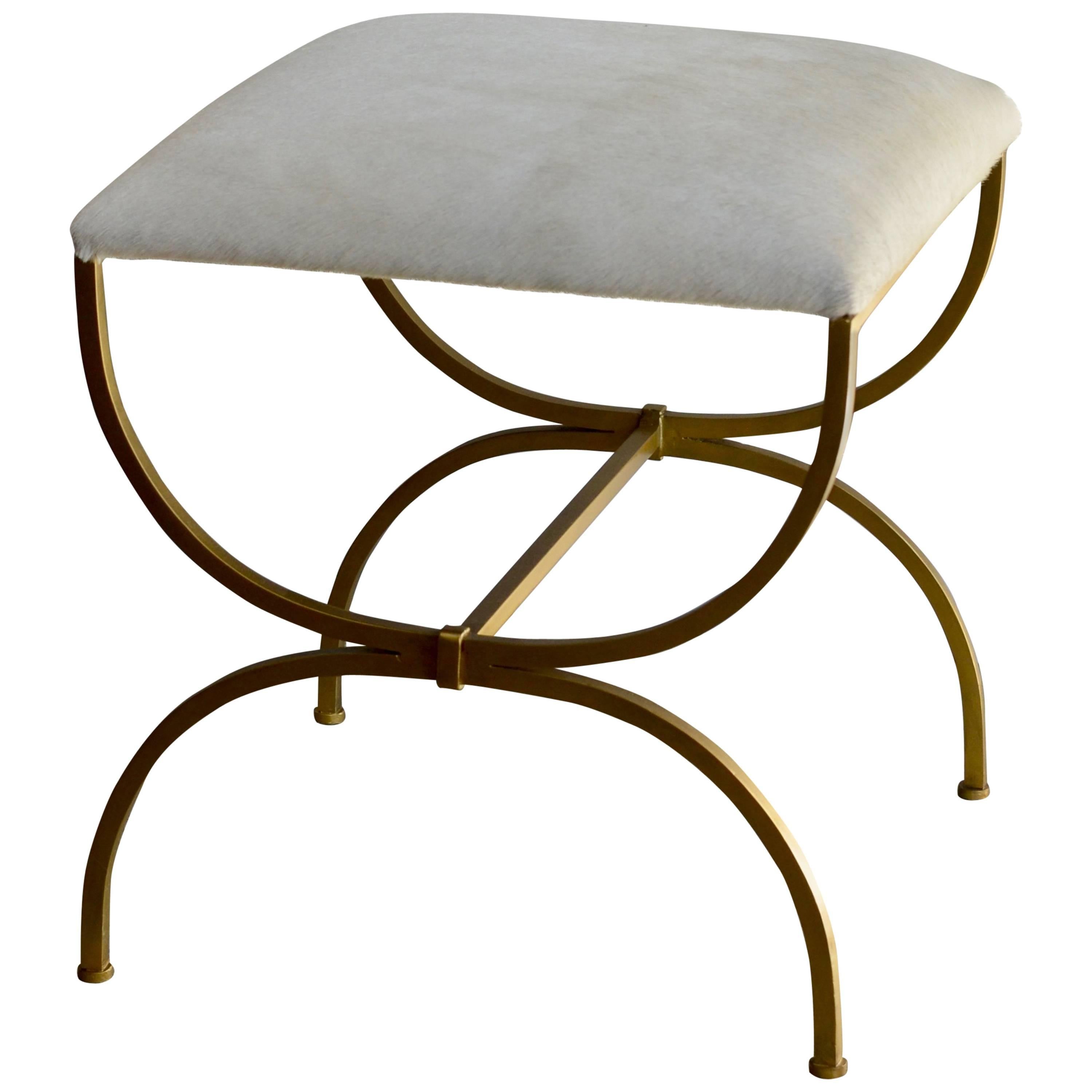 The 'Strapontin' Gilt Metal and White Hide Stool by Design Frères For Sale