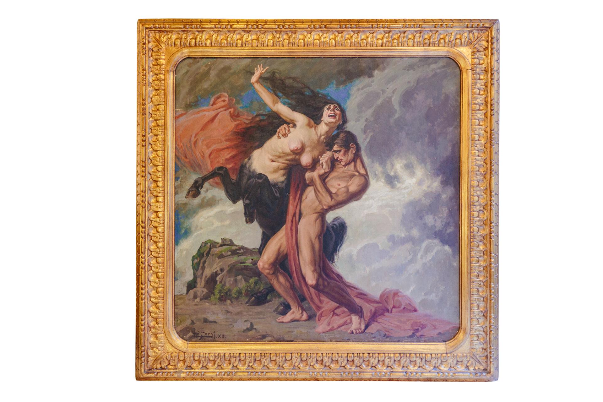 1930 Struggle of the Centaurs by Luigi De Servi Canvas Oil Painting Gold Frame In Good Condition In Lucca, IT