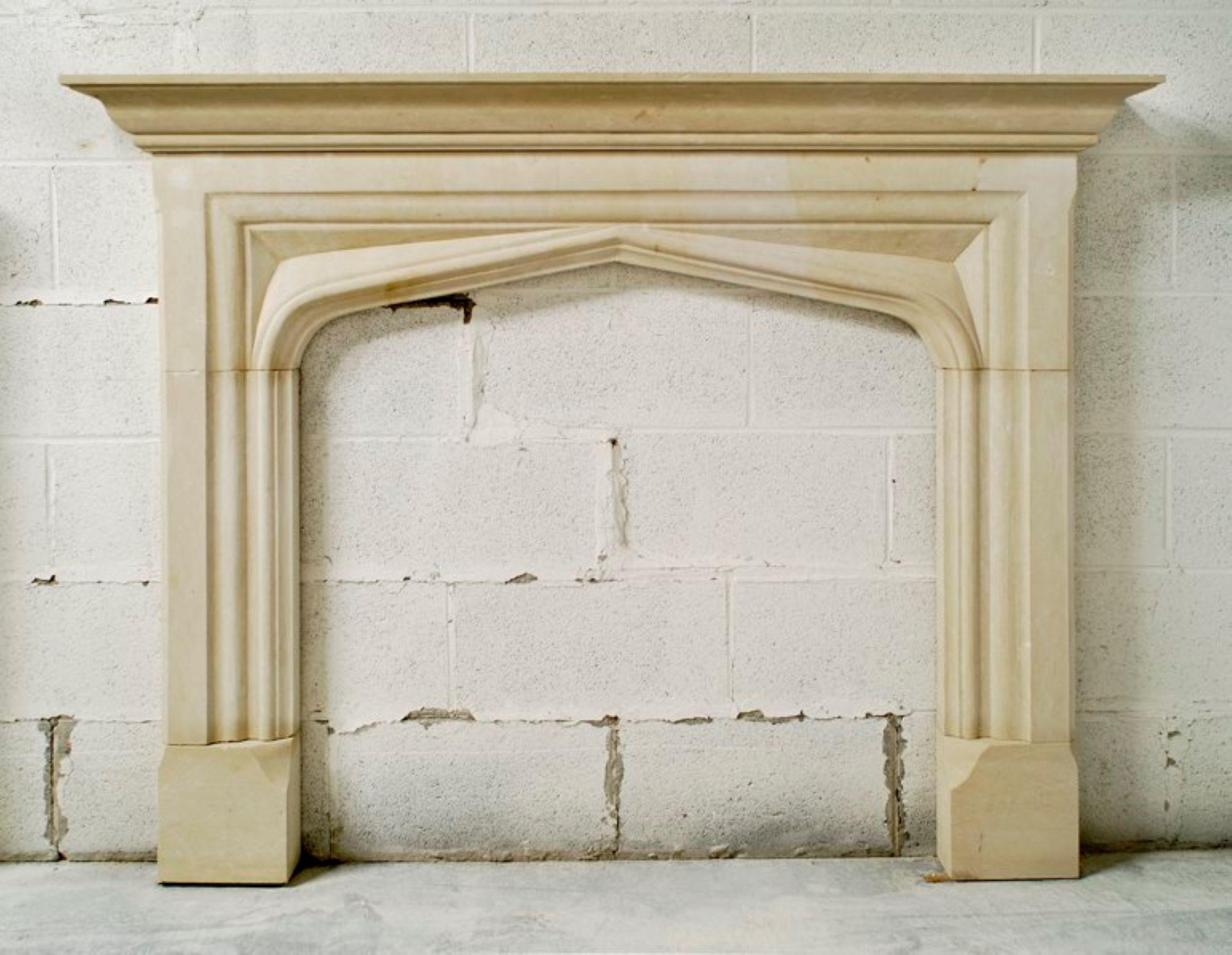 The Stuart stone fireplace, with its traditional peaked arch opening, and triangular spandrels on either side of the arch, evokes the classic 16th century Tudor design era. Our Tudor fireplace starts with block plinths with a slight curved chamfer