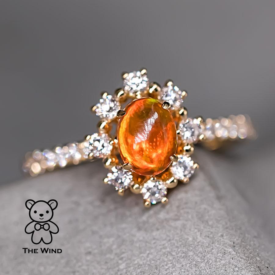 The Stunning - Fire Opal Engagement Halo Diamond Ring 18K Yellow Gold For Sale 1