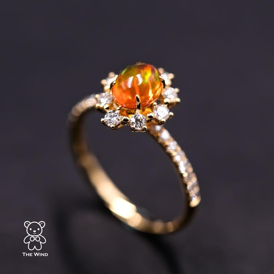 The Stunning - Fire Opal Engagement Halo Diamond Ring 18K Yellow Gold For Sale 3