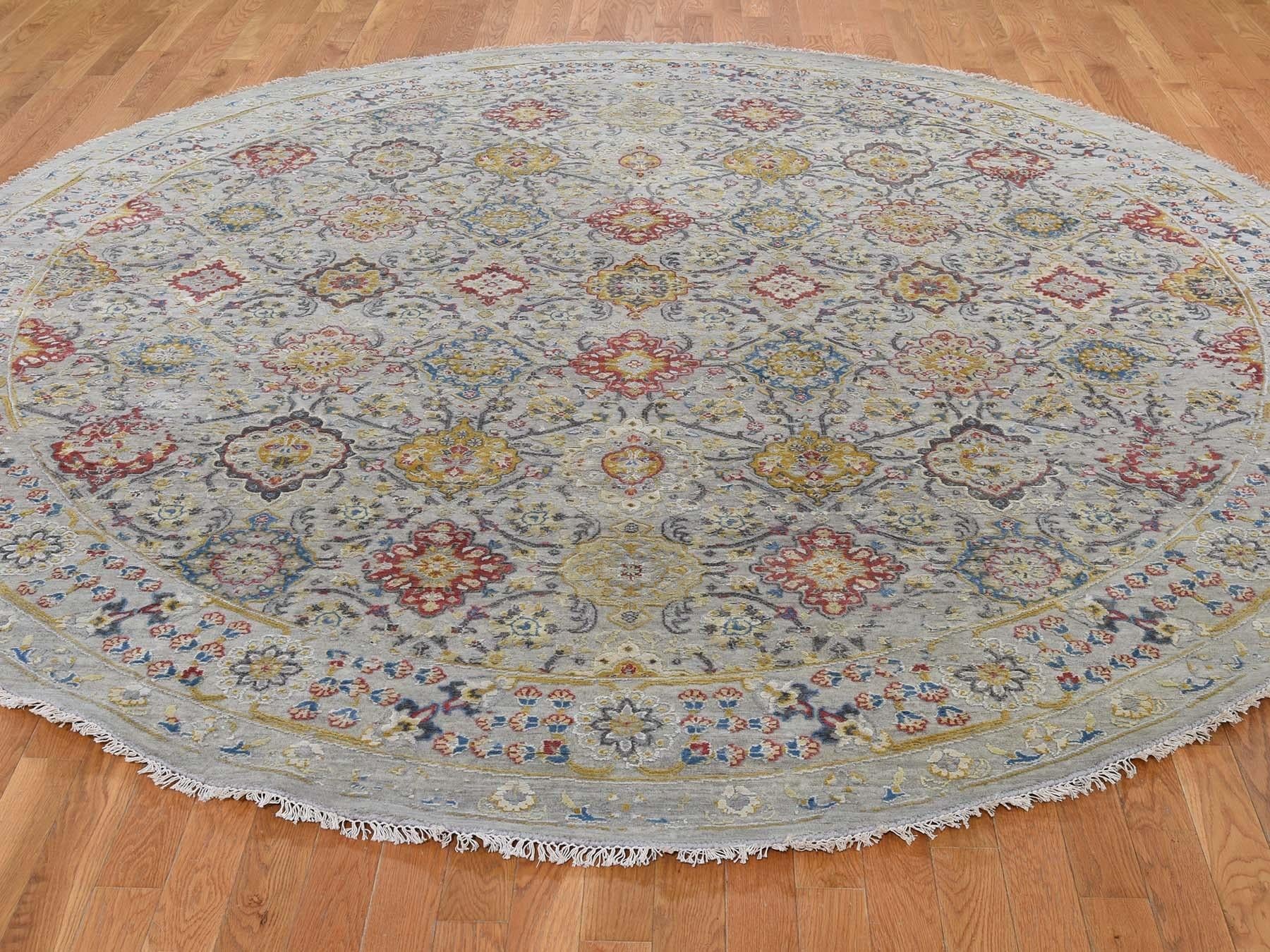 Modern THE SUNSET ROSETTES Pure Silk and Wool Hand Knotted Oriental Round Rug