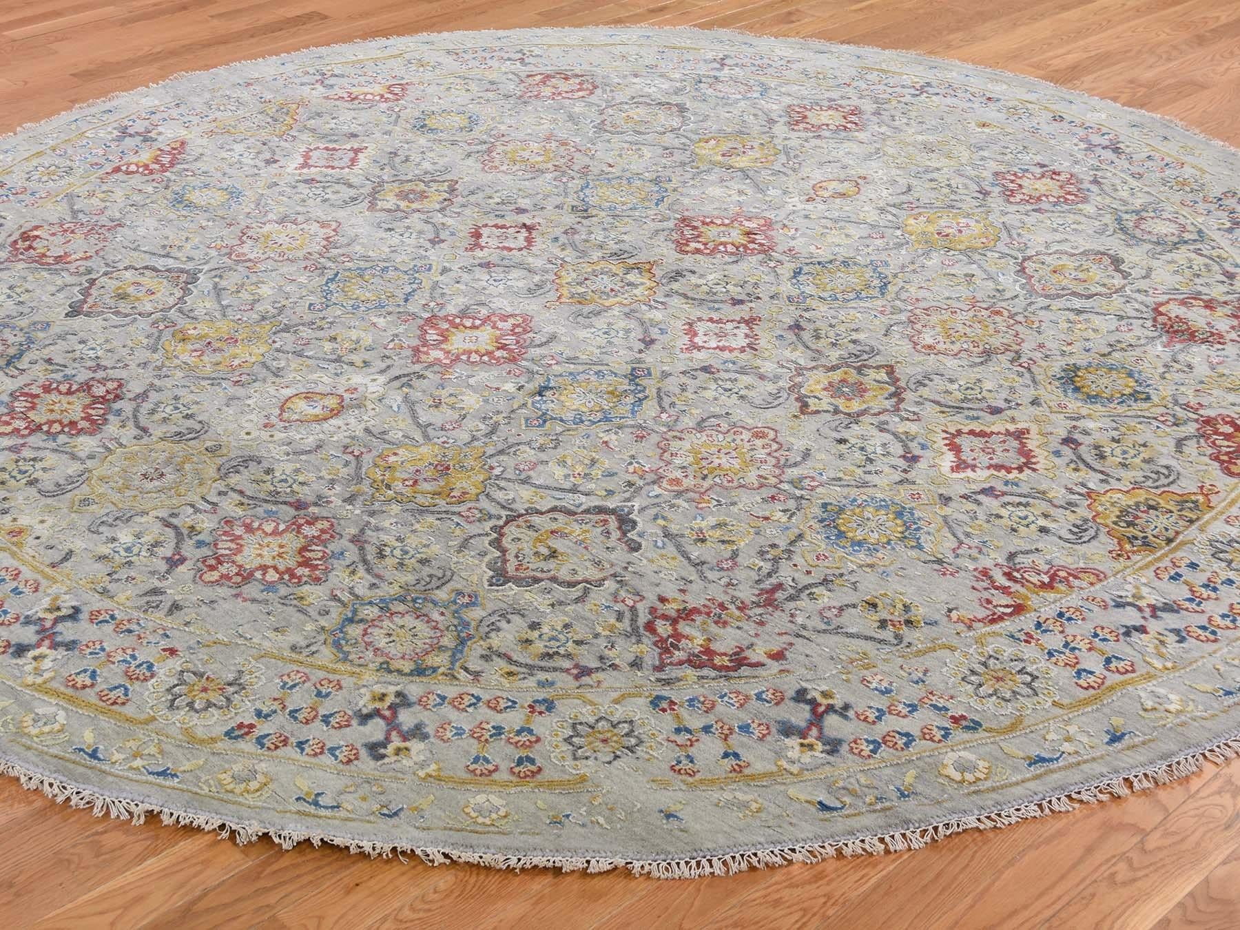 Indian THE SUNSET ROSETTES Pure Silk and Wool Hand Knotted Oriental Round Rug